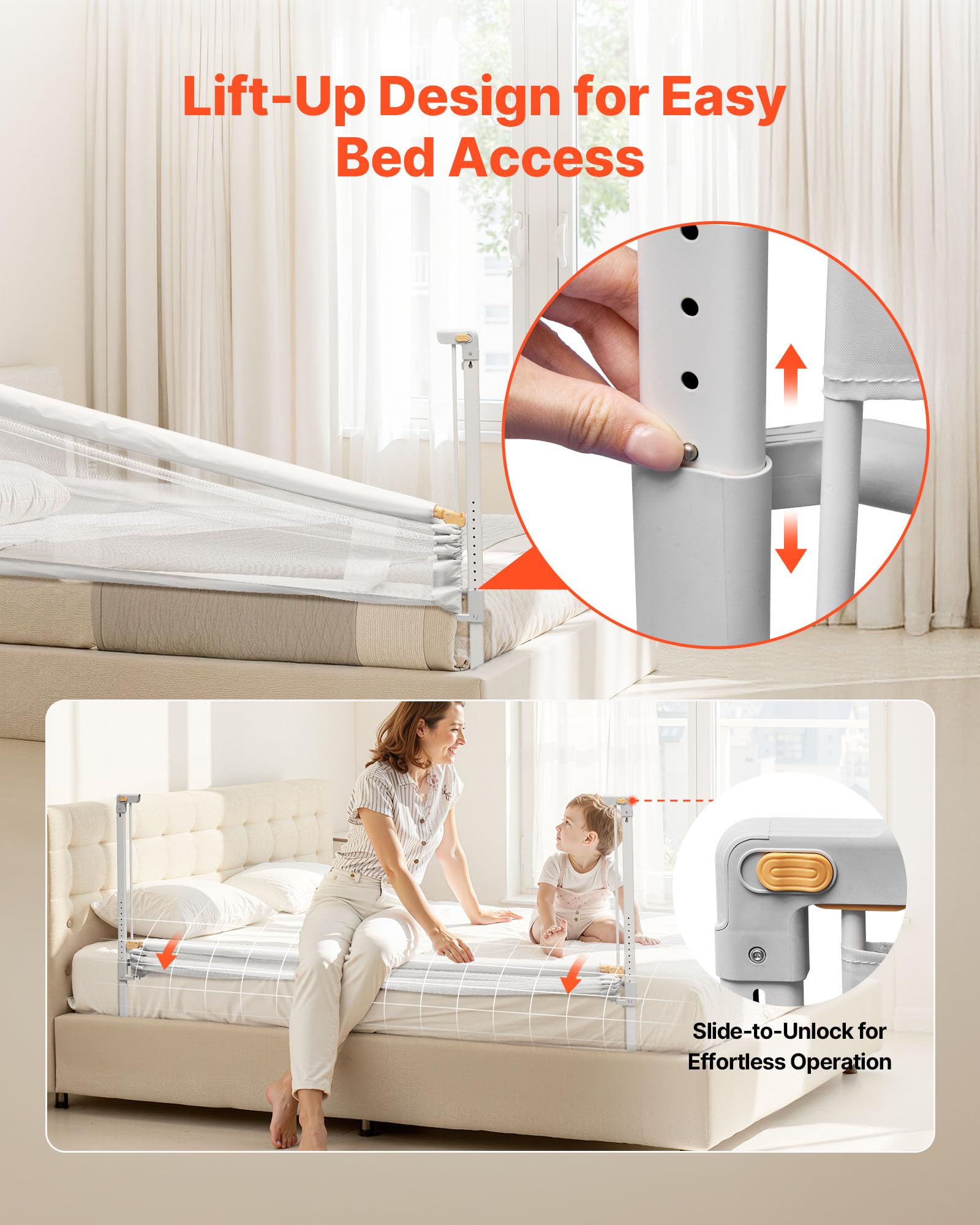 VEVOR Sponda per Letto per Bambini Lunghezza 1,5 m, Barriera Protettiva per Letto per Bambini Neonati con Tubo di Ferro Rinforzato, Tessuto Oxford, Altezza Regolabile 68-89 cm, Barriera per Letto