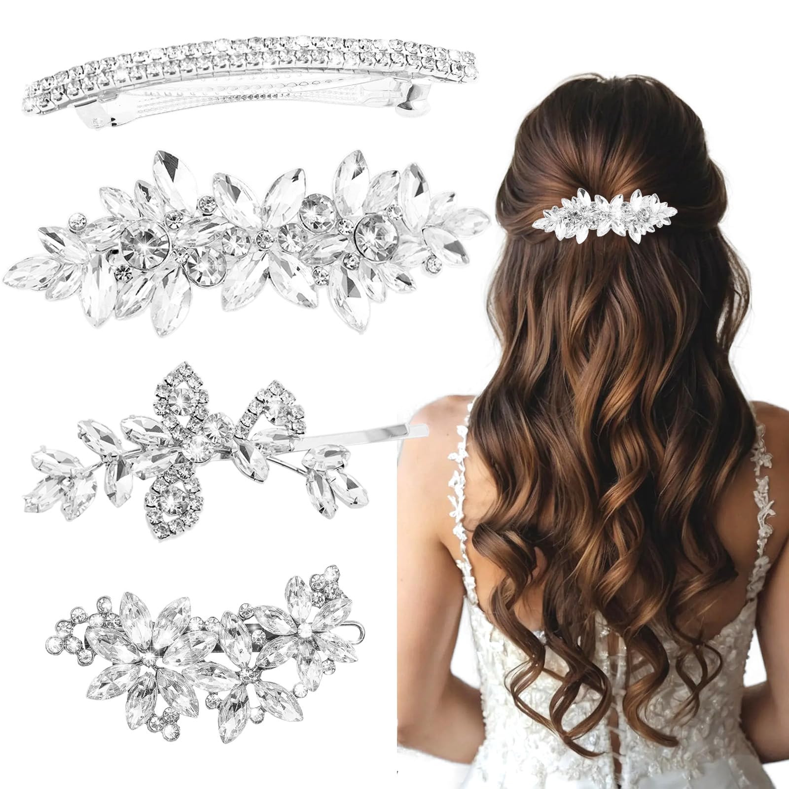 Photo 1 of 4 Pcs Rhinestone Hair Clips for Women Hair Barrettes Silver Bridal hair accessories for Wedding Party Everyday