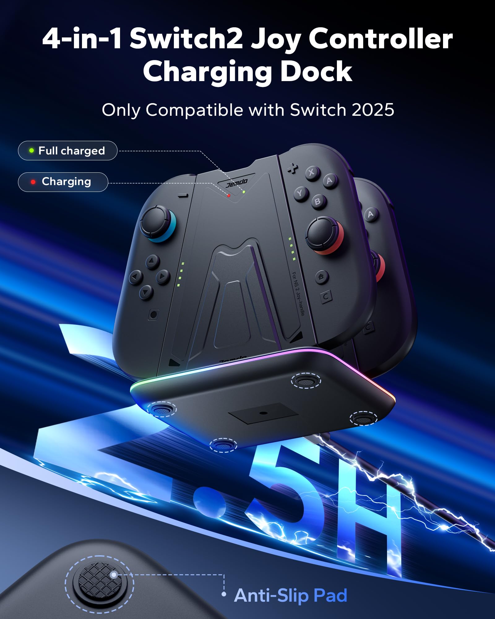 JEMDO Station Charge Manette Switch 2 - Support de Recharge Joy Con 2 avec 2 Grips Magnétiques, 9 Modes RGB, Indicateur LED, USB-C, Play & Charge, Accessoire Idéal pour Voyage