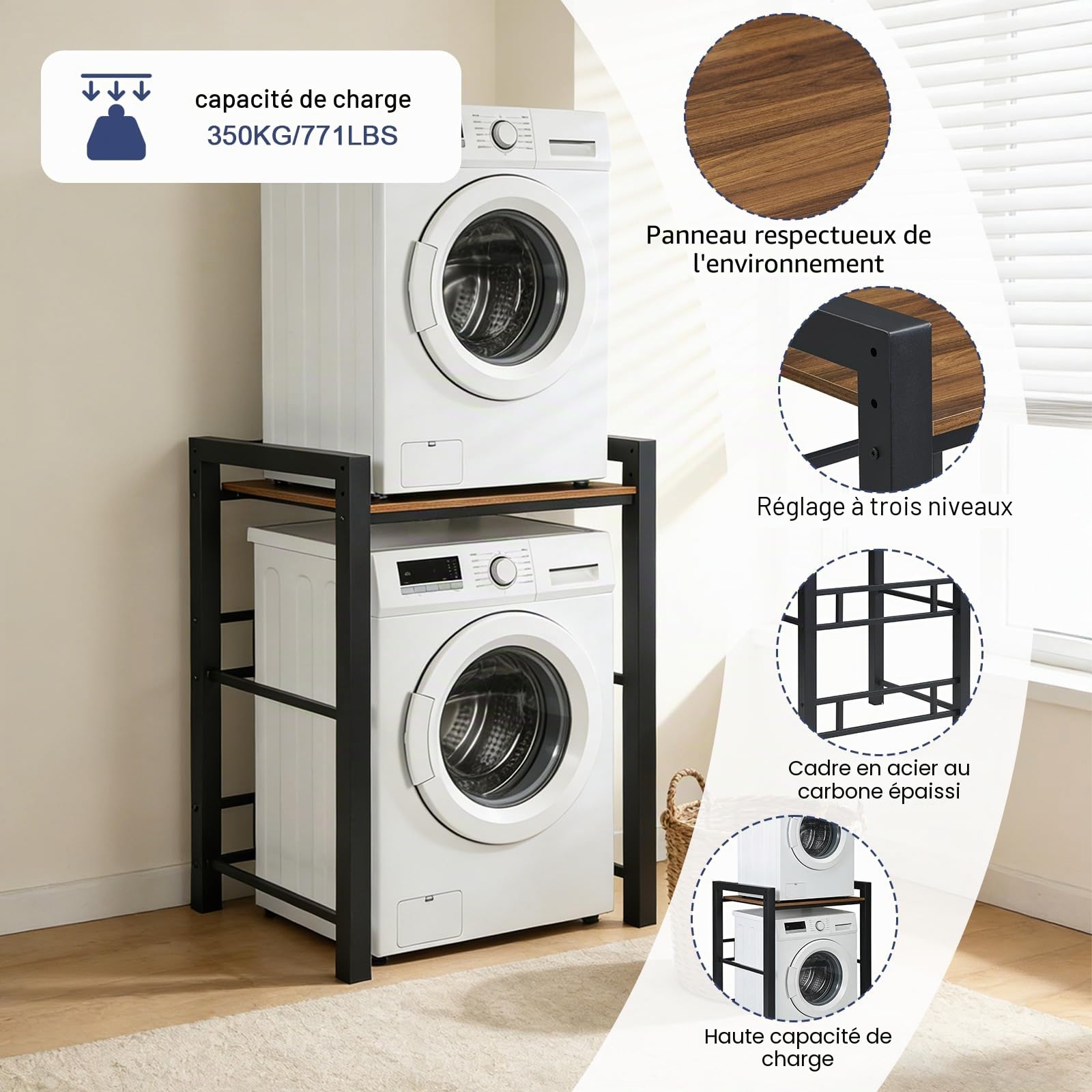 Meuble Machine à Laver, Hauteur sur 3 Positions, Etagere Machine a Laver et Seche Linge, Charge de 350kg, pour Buanderie Salon Salle De Bain, 75 x 65 x 104 cm (Noir)