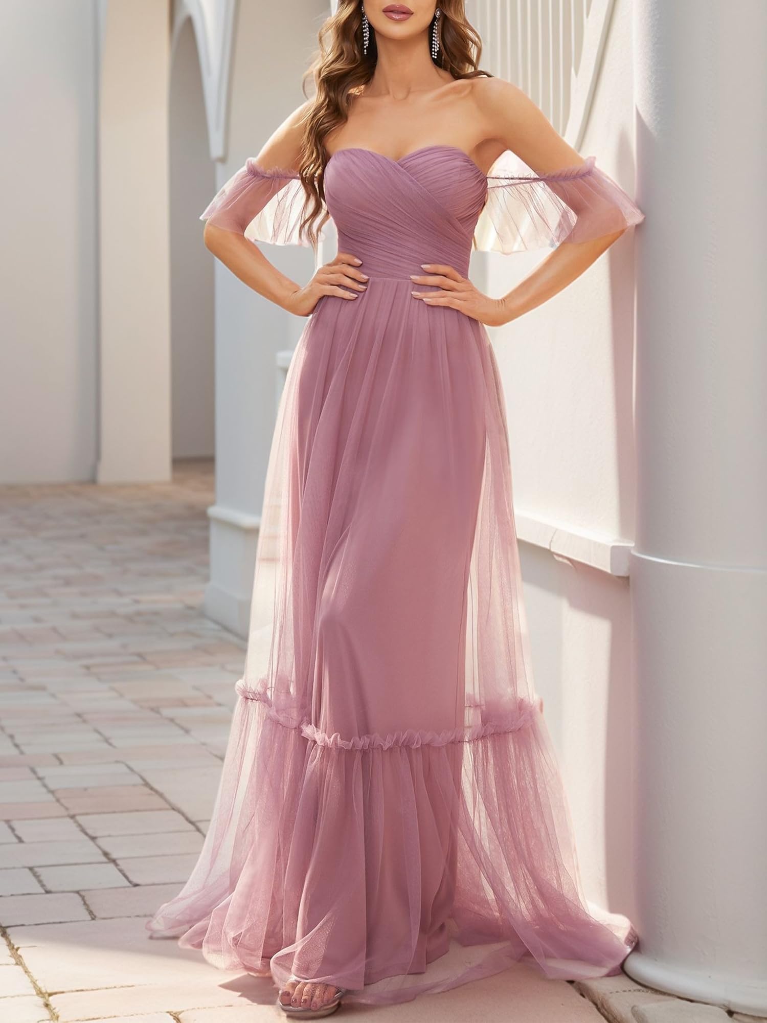 Ever-Pretty Abito da Damigella dalla Spalla Stile Impero Linea ad A Tulle Lunghezza del Piano da Donna EE50126