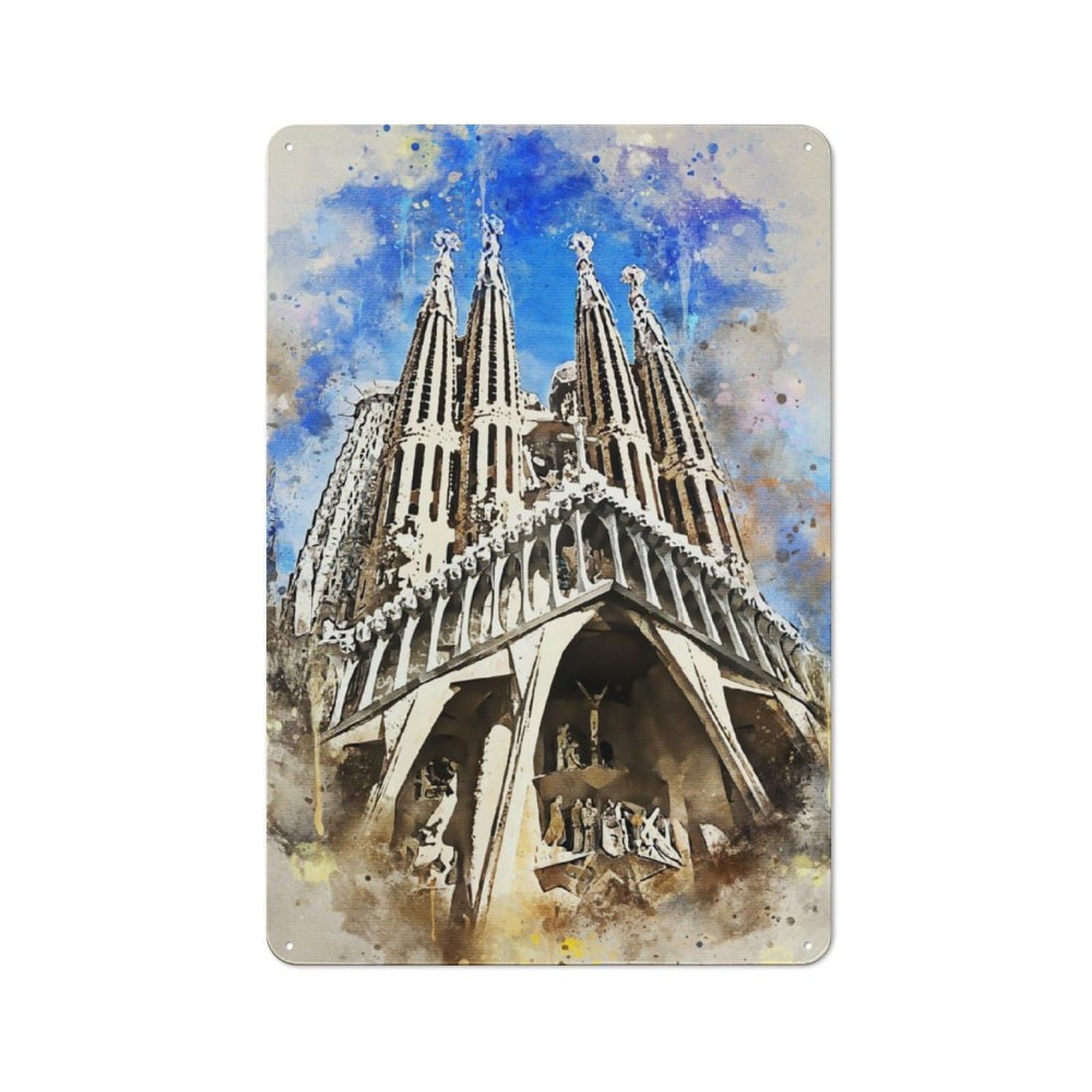 Junmoney Watercolor Sagrada Familia Classic Metal Wall Decor 30X20cm, Metal Sign For Cafe, Pub, Workshop Or Home Bar, Small Accent For Blank Walls