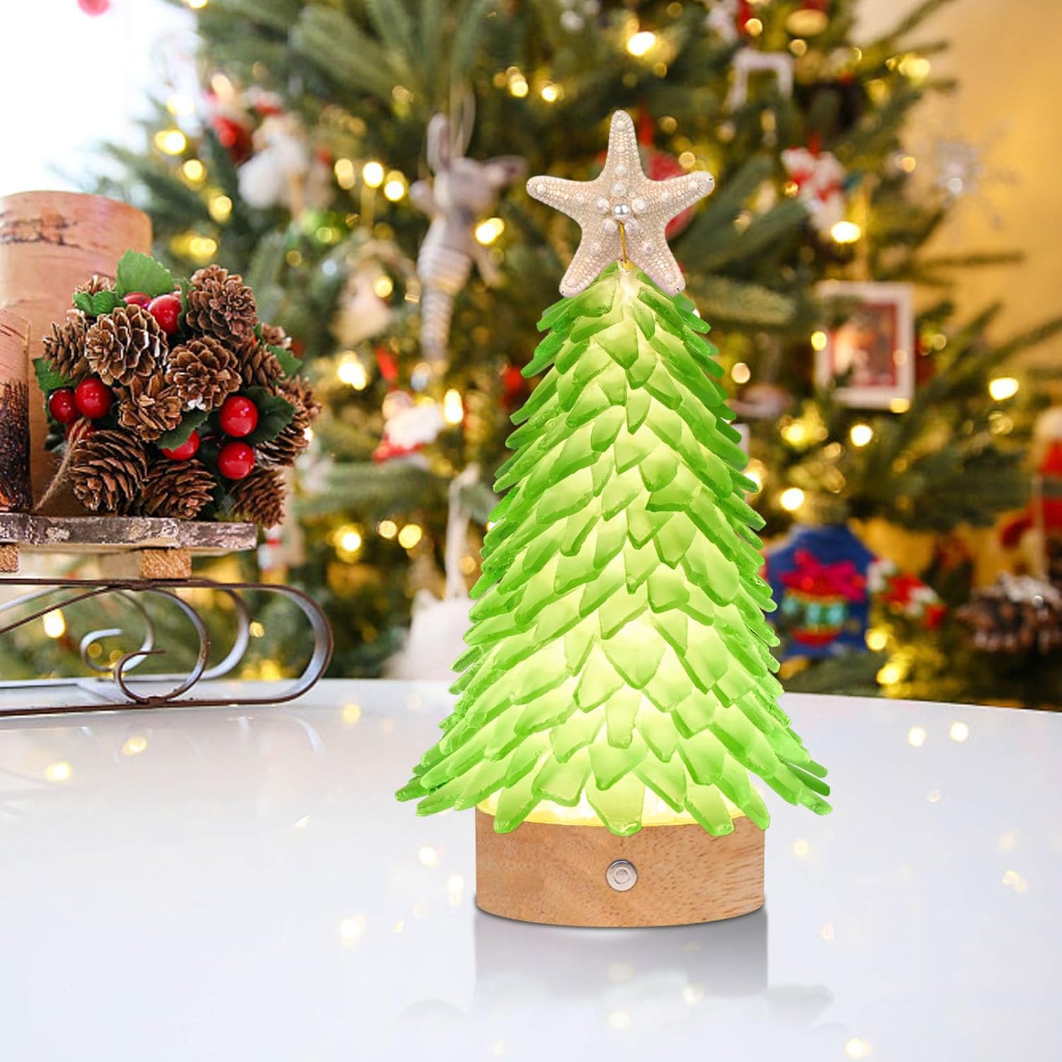 Sea Glass Christmas Tree,8.6 inches Mini Christmas Tree with Lights,Beach Nautical Themed Seaglass Christmas Tree for Table top,Decorations Indoor, Green Tree