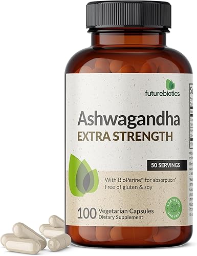 Futurebiotics Ashwagandha - Soporte extra fuerte para el estrés y el estado de ánimo con BioPerine - Fórmula sin OMG, 100 cápsulas vegetarianas