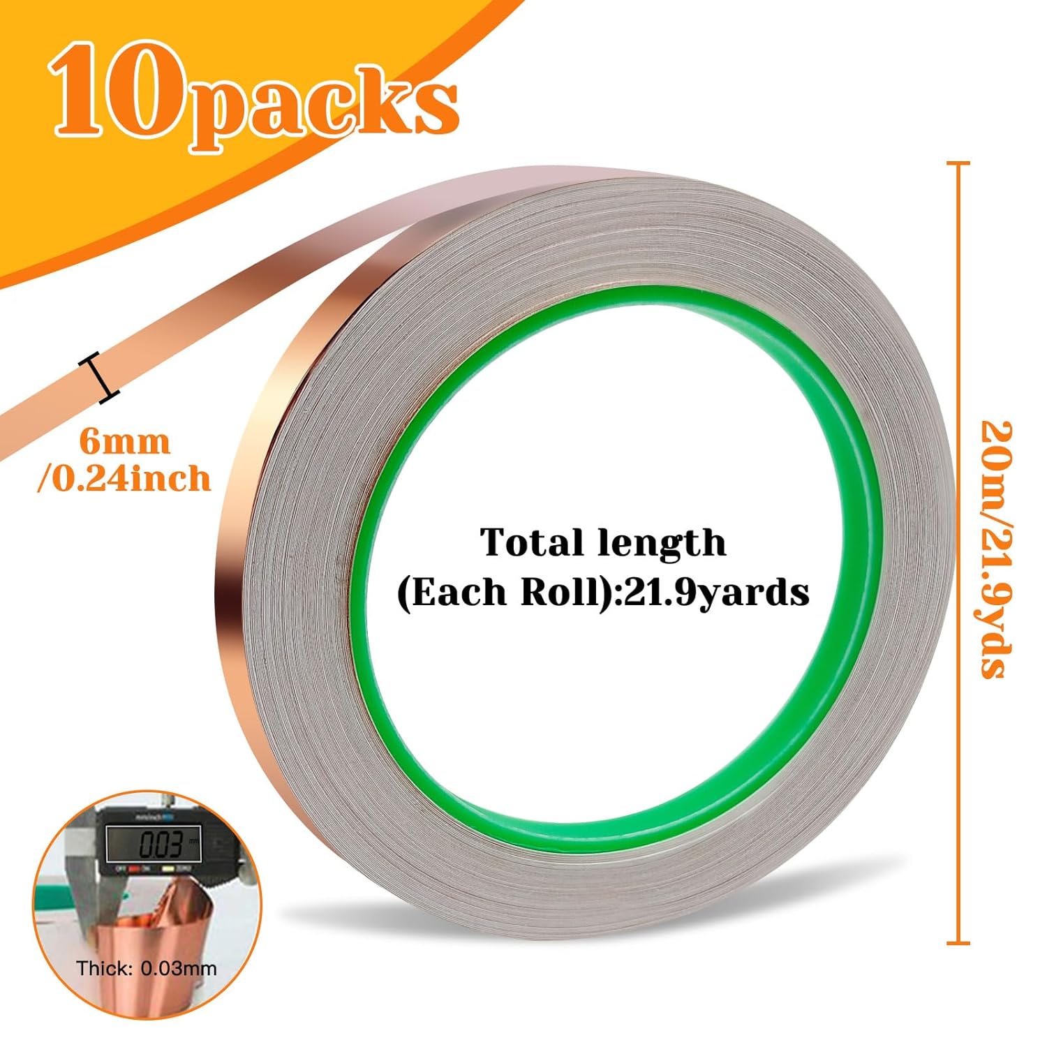 10 Pack Copper Tape with Double Side Conductive Adhesive,Copper Foil Tape Self Adhesive EMI Shielding,Paper Circuits,Electrical Repairs,Guitar Repairs,Grounding,Stained Glass,Crafting(1/4"x21.9yards)