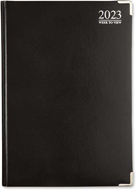 Executive Edition A4 2023 Diary Week To View - Black Padded Cover, Silver Gilt Corners & Page Edges