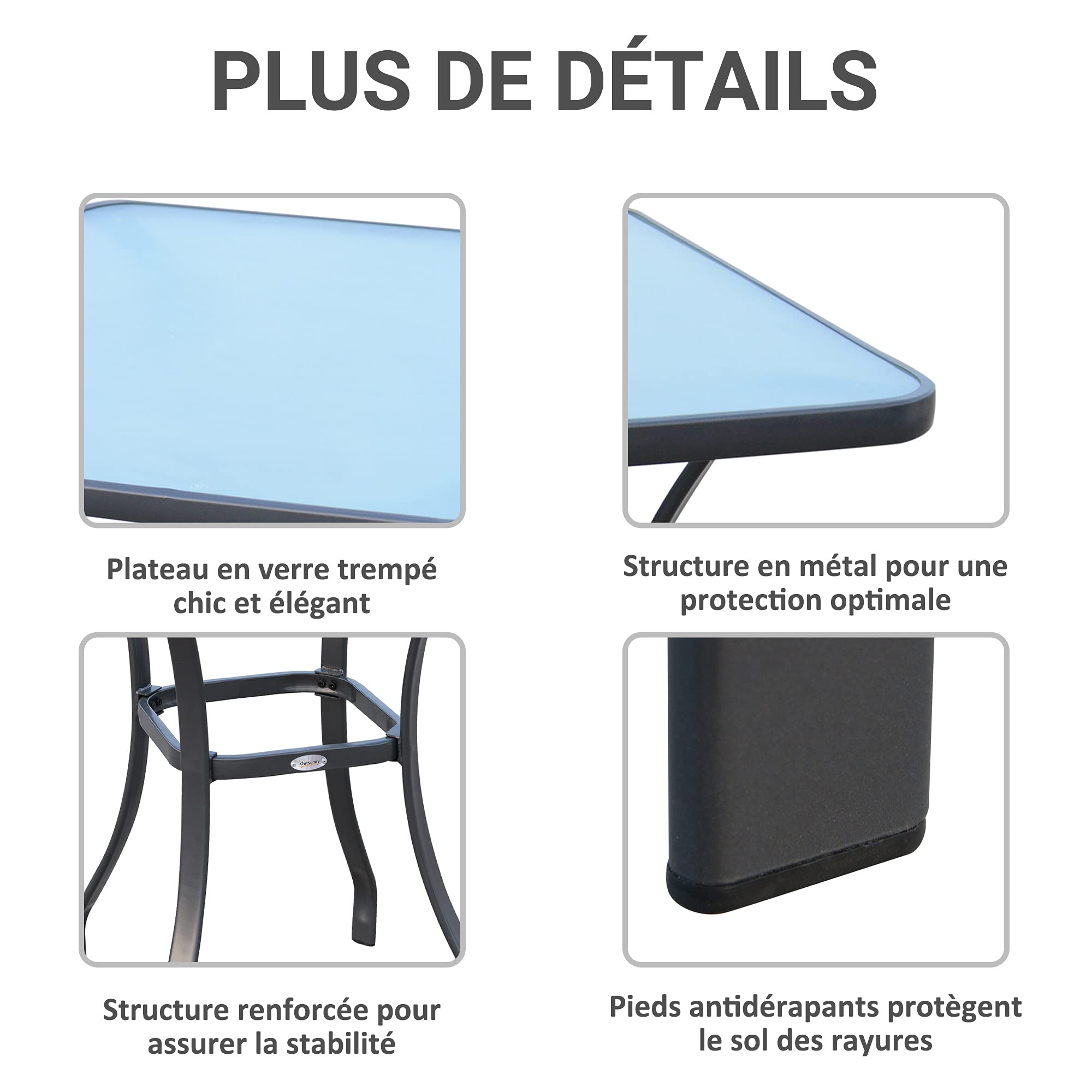Outsunny Table Carrée Bistro de Jardin Dim. 68L x 68l x 84H cm Métal Gris | Époxy, Plateau Verre Trempé Granité