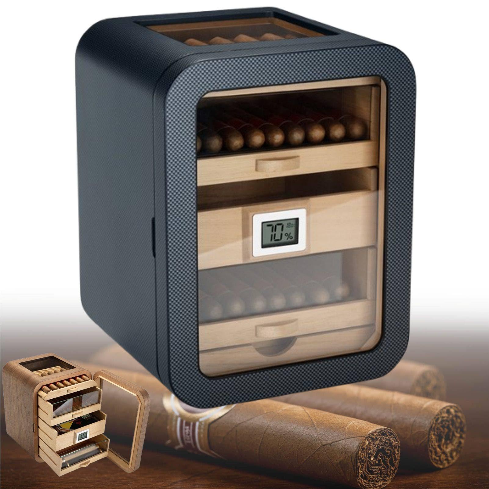 MhWrughts Glass Top Cabinet Cigar Humidor, Cedar Wood Humidor Cabinet Holds 110 Counts, Built-in Humidifier & Digital Hygrometer, Walnut Wood Storage Box for Office Bar CarbonFiber-B