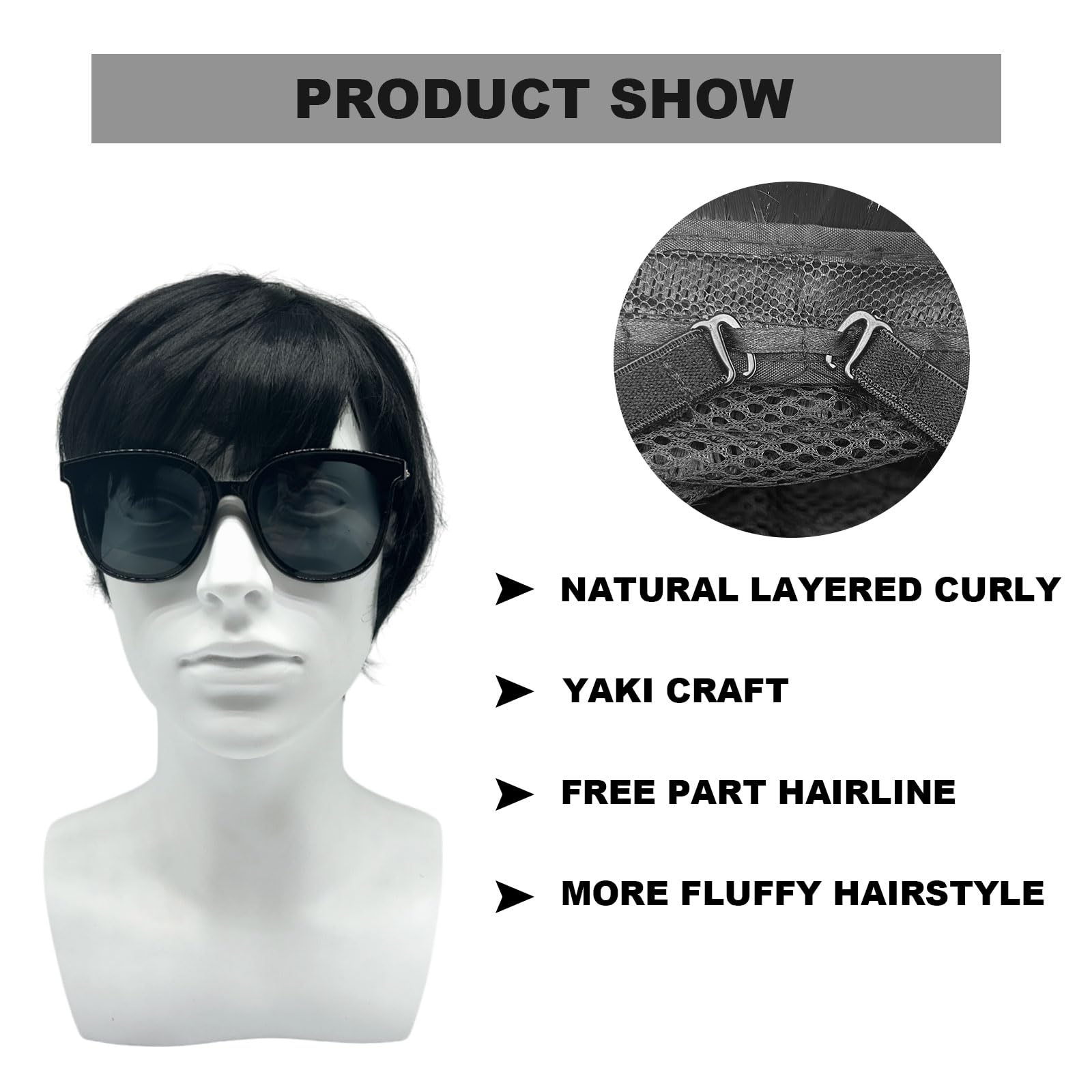 TSHAOUN Mens Short Wig Black Layered Natural Synthetic Cosplay Hair Wig, 70s 80s Disco Short Straight Fluffy Costume Wigs - Image 4