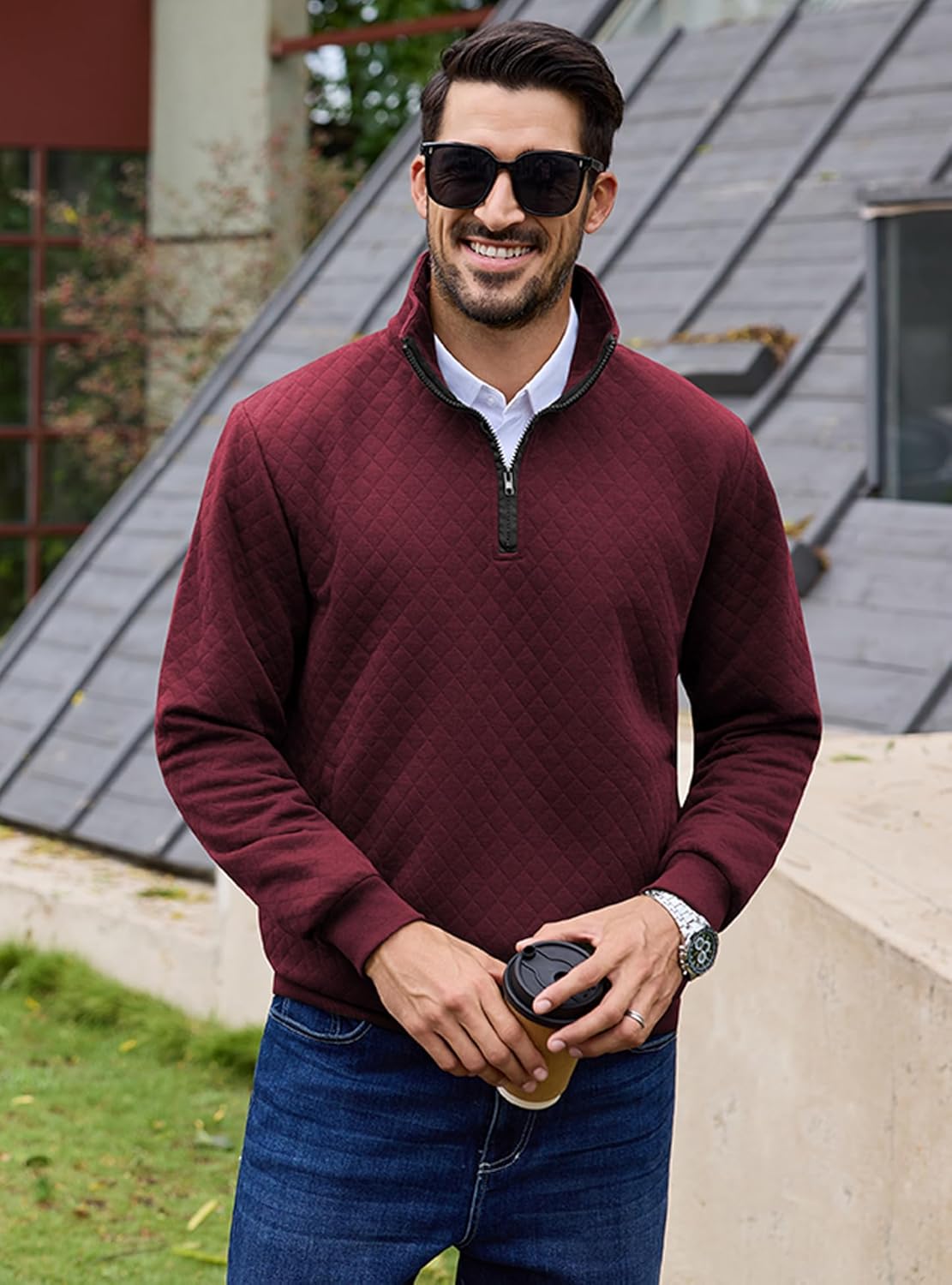 URRU Men’s Quarter Zip Pullover Quilted Sweater Long Sleeve Mock Neck Polo with Pocket - Image 5