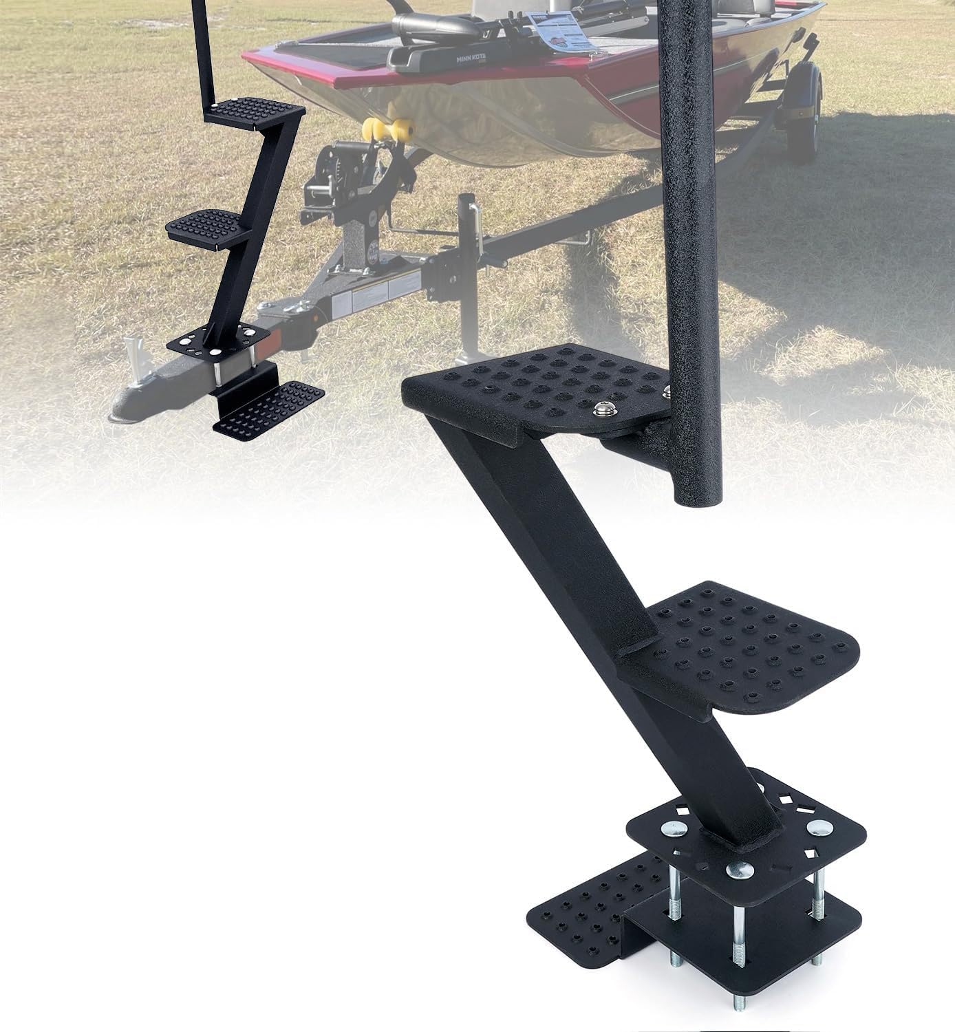Boat Trailer Step Ladder, 3-Step with Safety Handle, Non-Slip Surface, Universal Trailer Tongue Mount, Black (3 Step)