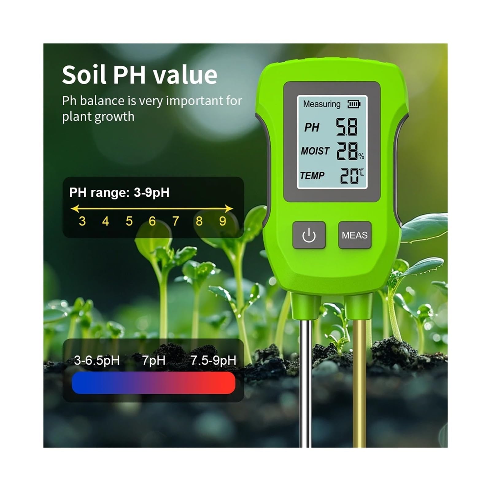 Medidor de pH 3 en 1, detector de humedad y temperatura de alta precisión para plantas, herramienta de prueba de suelo manual para cuidado de jardines y flores