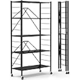 5 Tier Foldable Storage Shelves, Expandable Folding Shelving Units with Wheels, Changeable into 2 Shelf Units, Collapsible Adjustable Storage Rack Metal Shelves for Storage, Pantry, Garage, Kitchen
