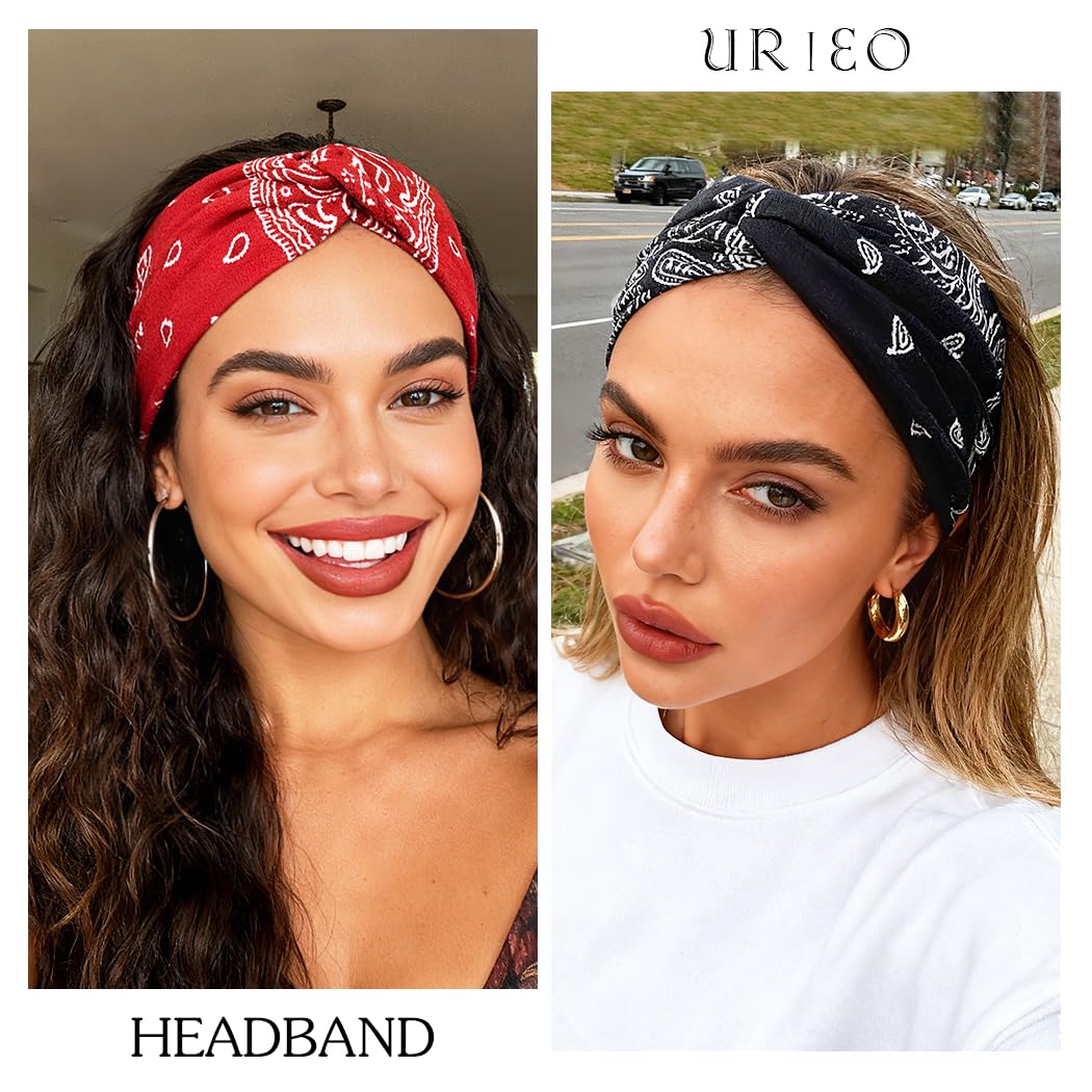 Urieo Boho opaski na głowę ze stretchem paisley nadruk bandana opaska na głowę krzyżowe opaski do włosów wiązane opaska na głowę joga na co dzień dla kobiet i dziewcząt (opakowanie 4 szt.) (A)