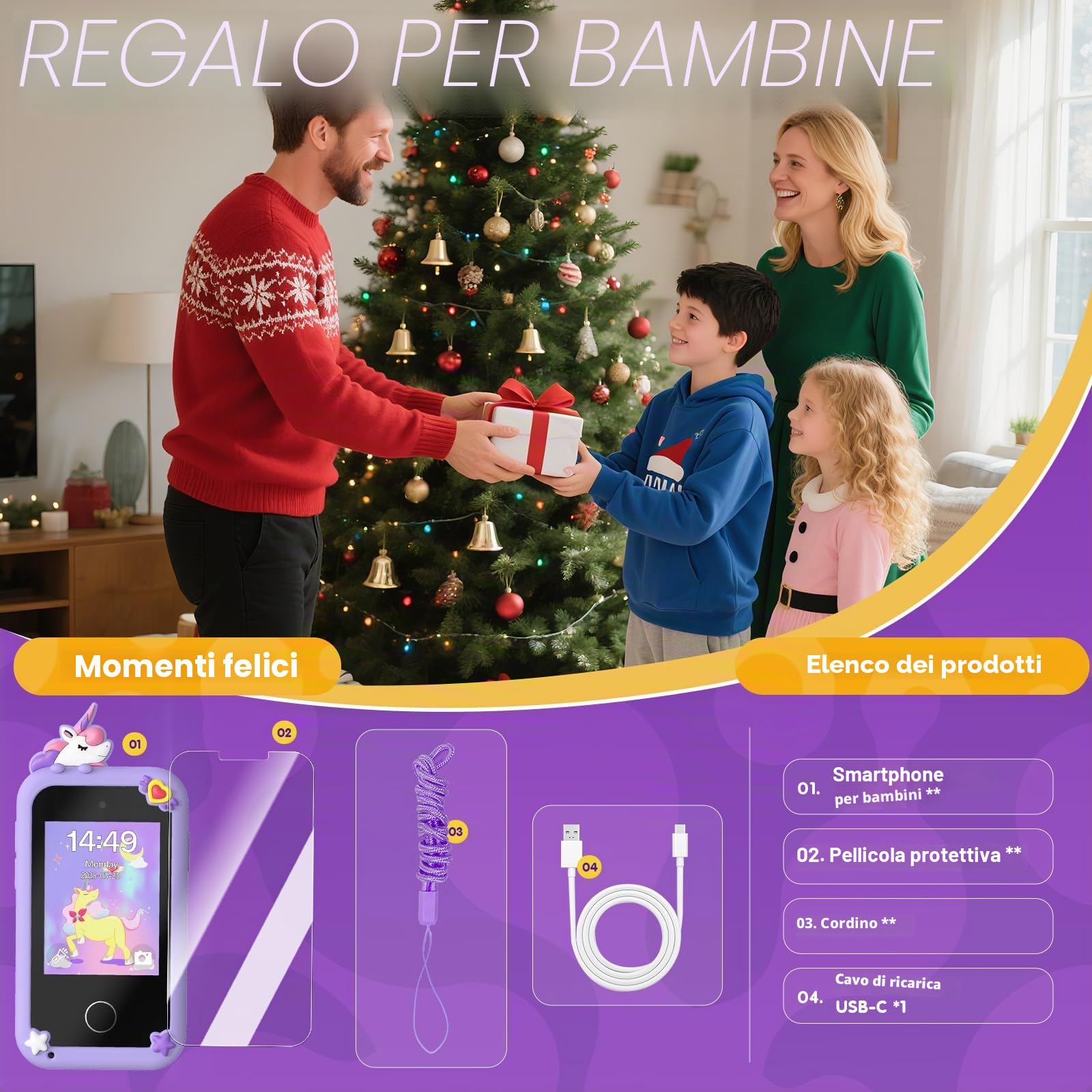 Fippesax Telefono Bambini, 2,8" Smartphone Bambini, Telefono Giocattolo per Bambine con 8GB Card, 20 Giochi Didattici, Doppia Fotocamera, Musicale, Sveglia - Regalo Natale/Compleanno Viola