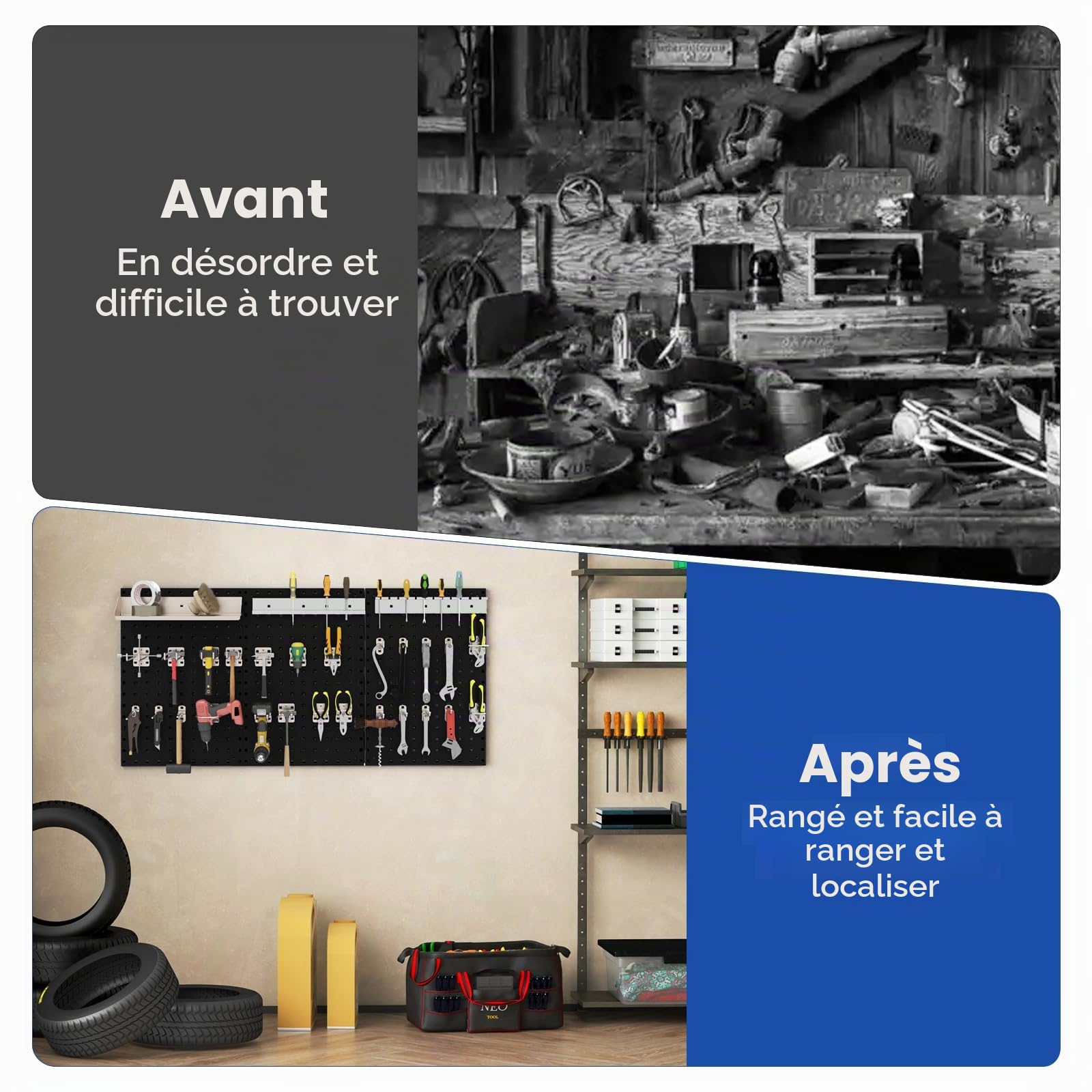 SOARS Porte Outils Mural 120 X 60 CM, 3 Panneaux Perforé (Noir)