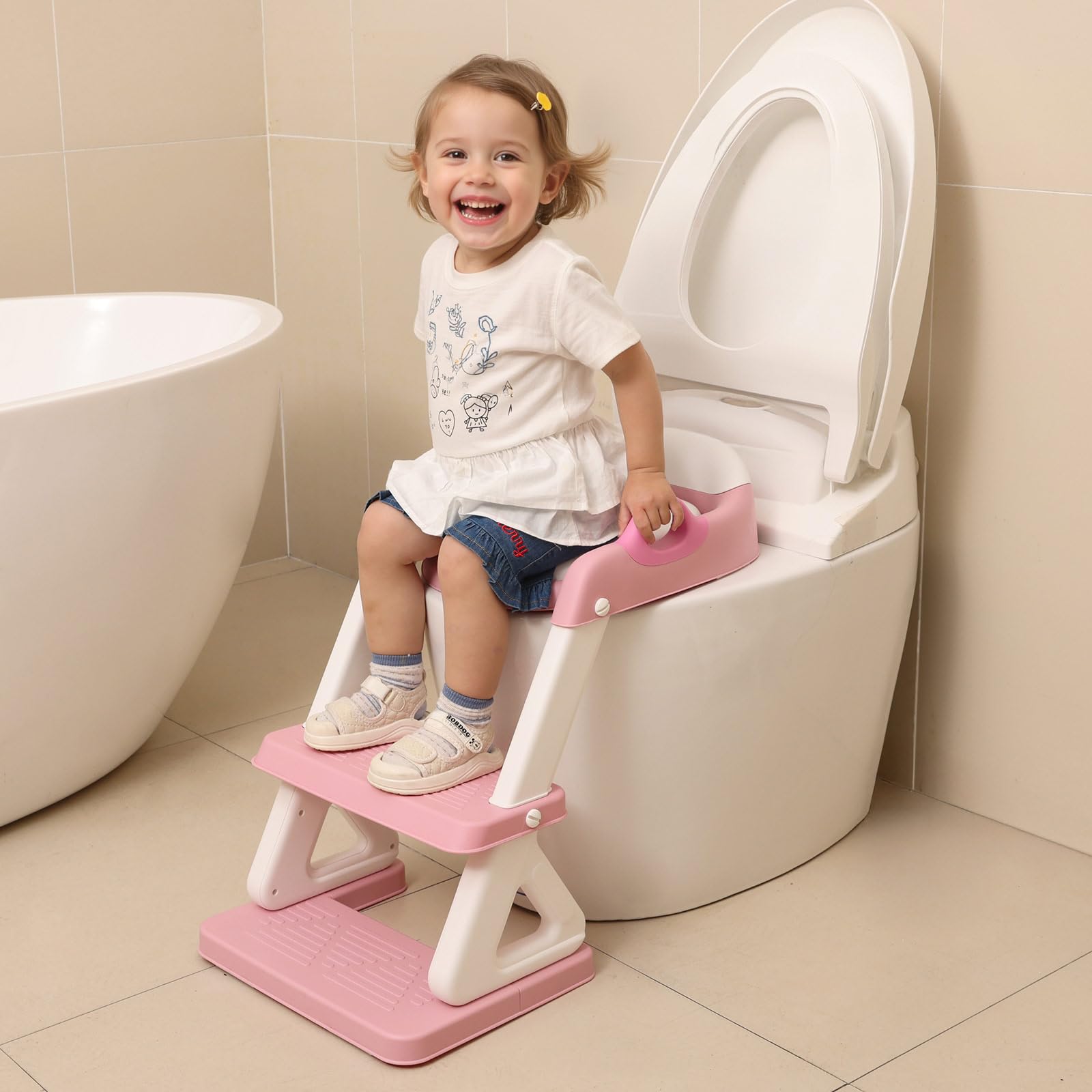 Potty Training Toilet Seat with Step Stool Ladder for Boys and Girls, 2 in 1 Potty Training Toilet, Splash Guard Anti-Slip Pad Step Stool （Pink) Pedal