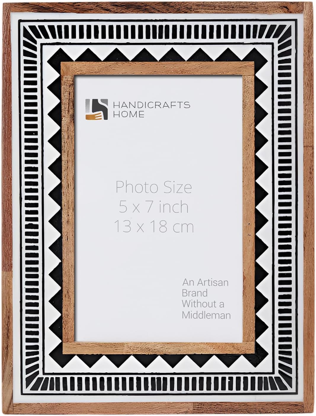 Handicrafts Home Handmade White Resin Photo Frame Geometric Painting Vintage Boho Wooden Picture Frames For Table-Top/Wall Decor (5x7 Inches, Ethnic Black)