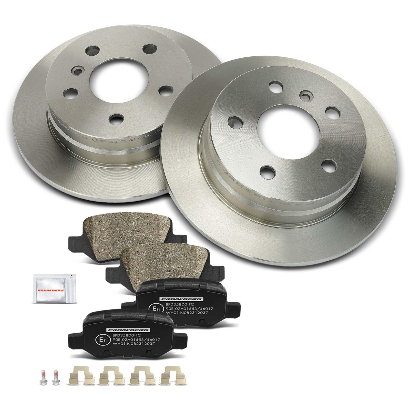 Frankberg 2 discos de freno + 4 pastillas de freno con lubricante de freno trasero izquierdo y derecho. Compatible con Clase A W169 A150-A200 2004-2012 Clase B W245 B150-B200 2005-2011 Replace#