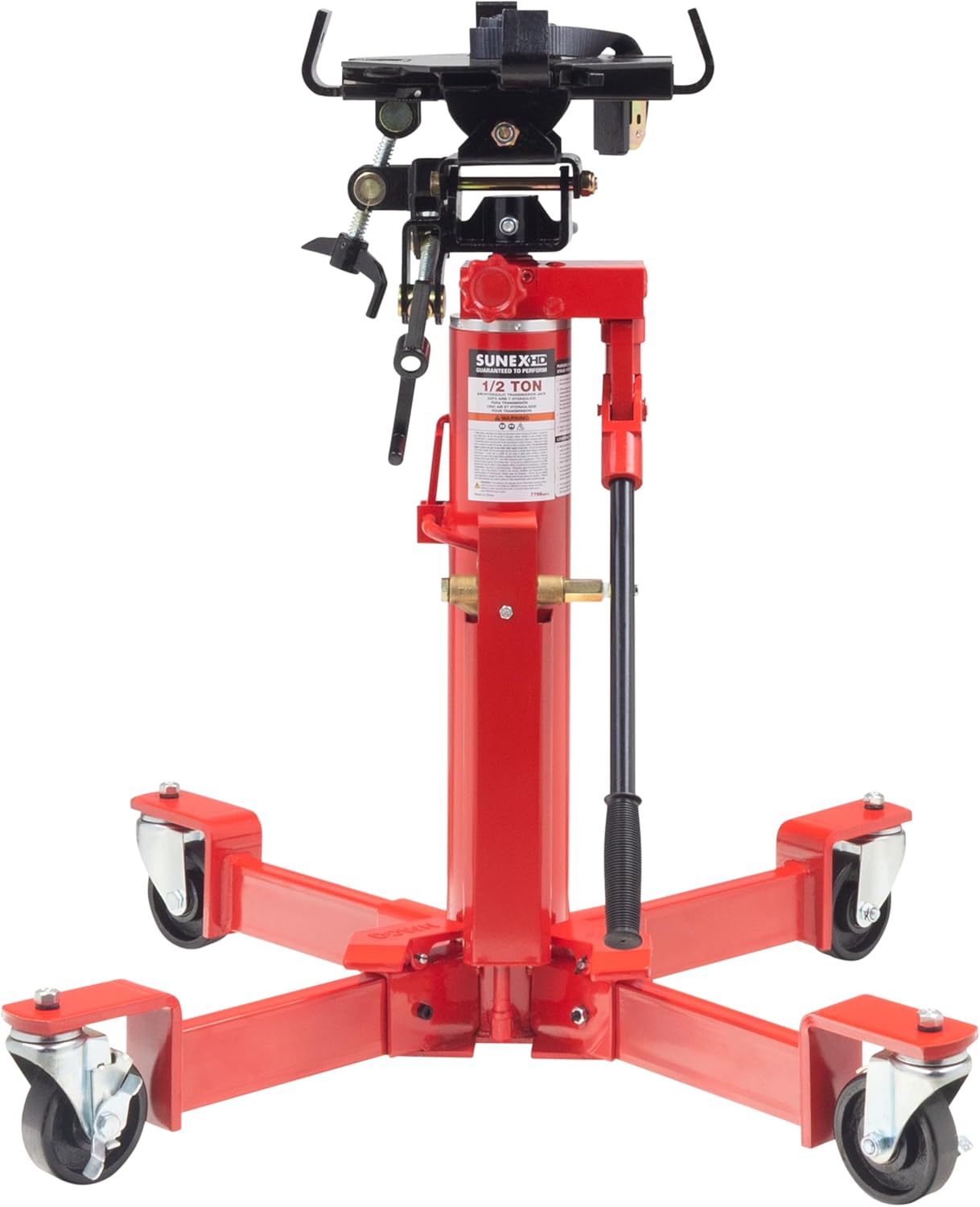 Sunex Tools 7796 1,000 lb Telescopic Transmission Jack, Air/Hydraulic, Foot & Hand Pump, Adjustable Saddle Arms, 73.5 in Max Height 1/2-Ton Air/Hydraulic Trans-Jack