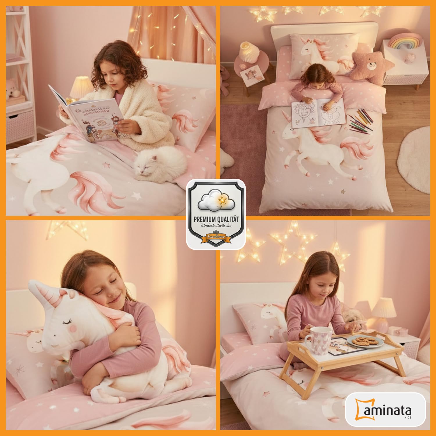 Aminata kids Bettwäsche 135x200 Mädchen mit Einhorn Motiv aus 100% Baumwolle mit Reißverschluss - Kinder-Bettwäsche-Set Einhornbettwäsche rosa grau Sterne