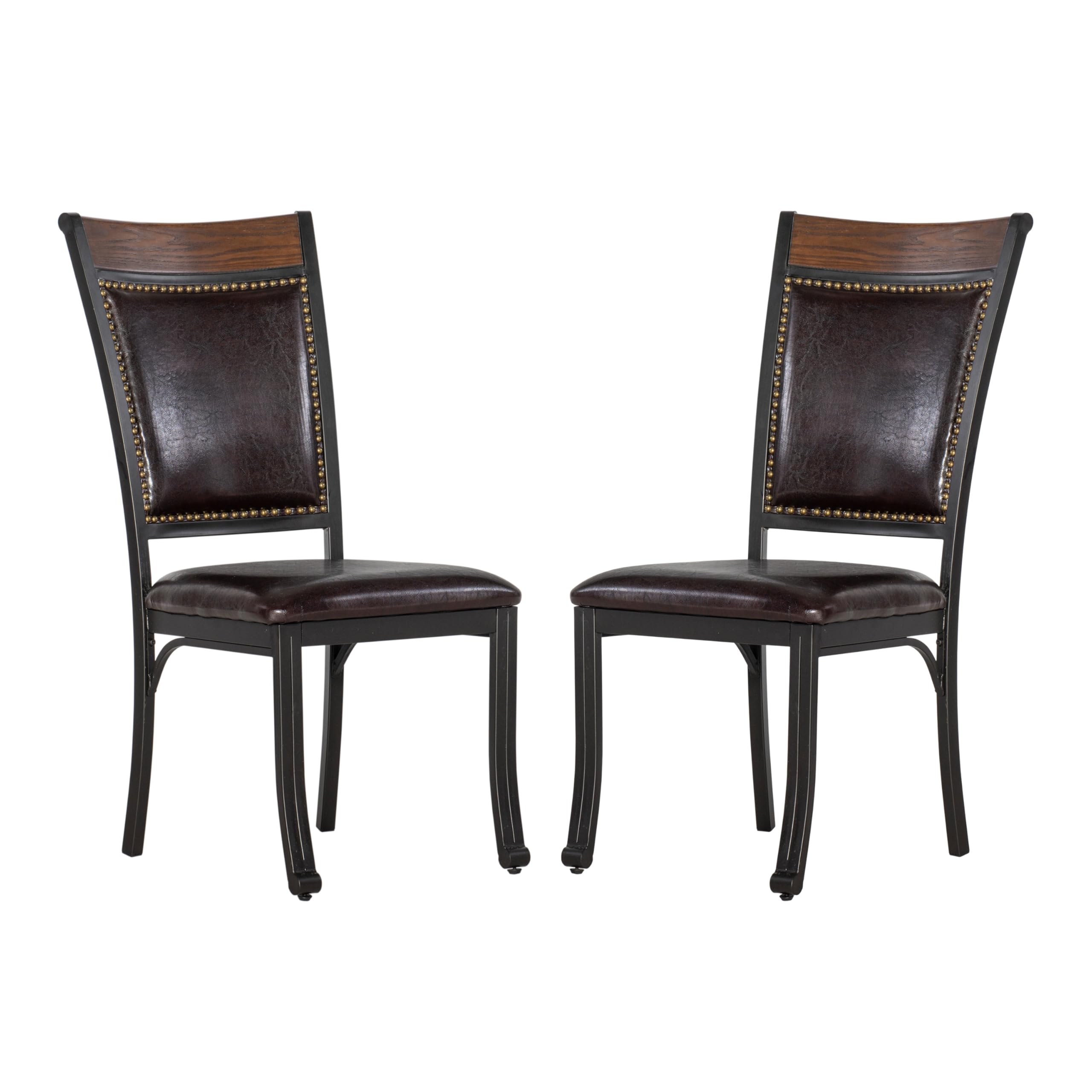 Powell Furniture Franklin Metal and Faux Leather Dining Chairs with Wood Accented Nailheads-Set of 2, Dark Brown