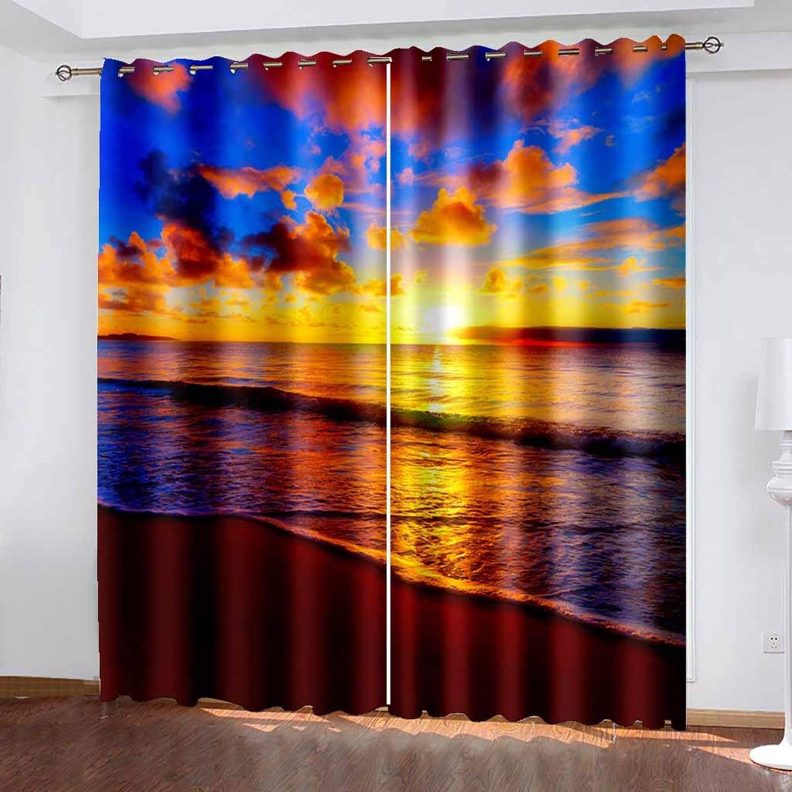 Verdunkelung Gardinen 244 cm Lang, Vorhang Blickdicht mit Ösen 2er Set Blau Rot Braun Am Meer Sonnenuntergang Landschaft Vorhänge für Wohnzimmer Schlafzimmer, 244x244 cm(BxH)