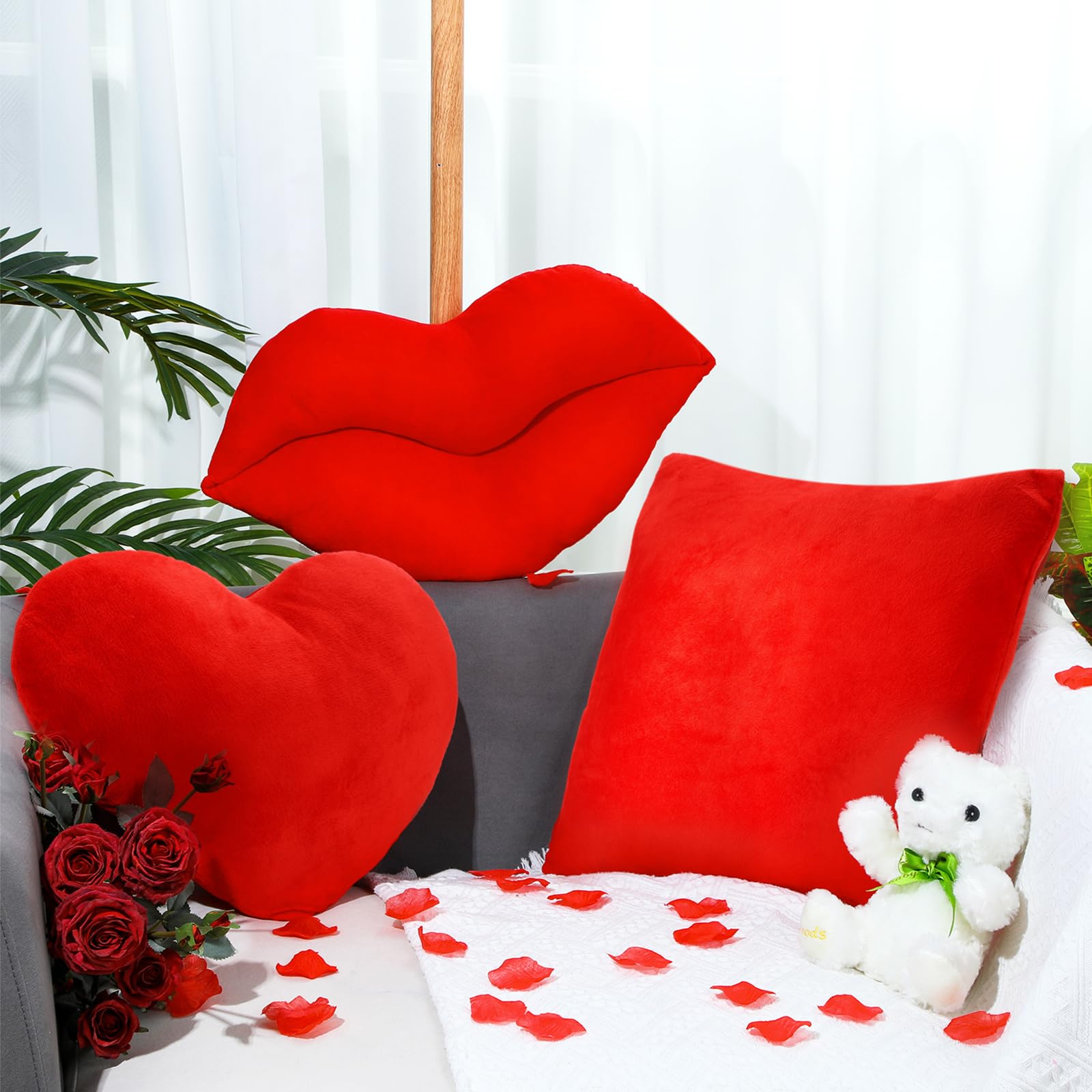 Wenqik 3 Pcs Valentine's Day Red 3D Lips Throw Pillows Fluffy Heart Shaped Pillow Red Square Throw Pillow Set Cute Soft Plush Cushion Decorative Pillows for Bed Sofa Living Room Valentines Decoration
