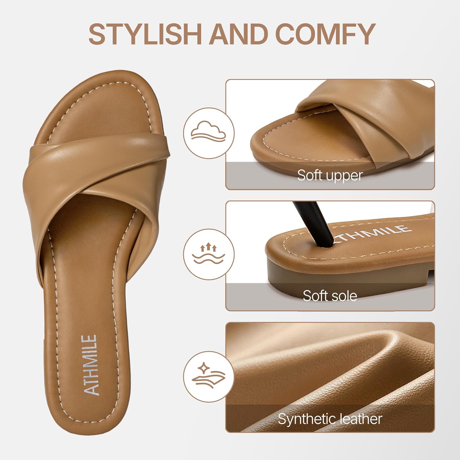 ATHMILE Sandals for Women 2026 Dressy Summer Flat Comfortable Fashion Beach Cute Ladies Slides Leather Casual Dress Women's Sandals Size 6-11 - Image 5