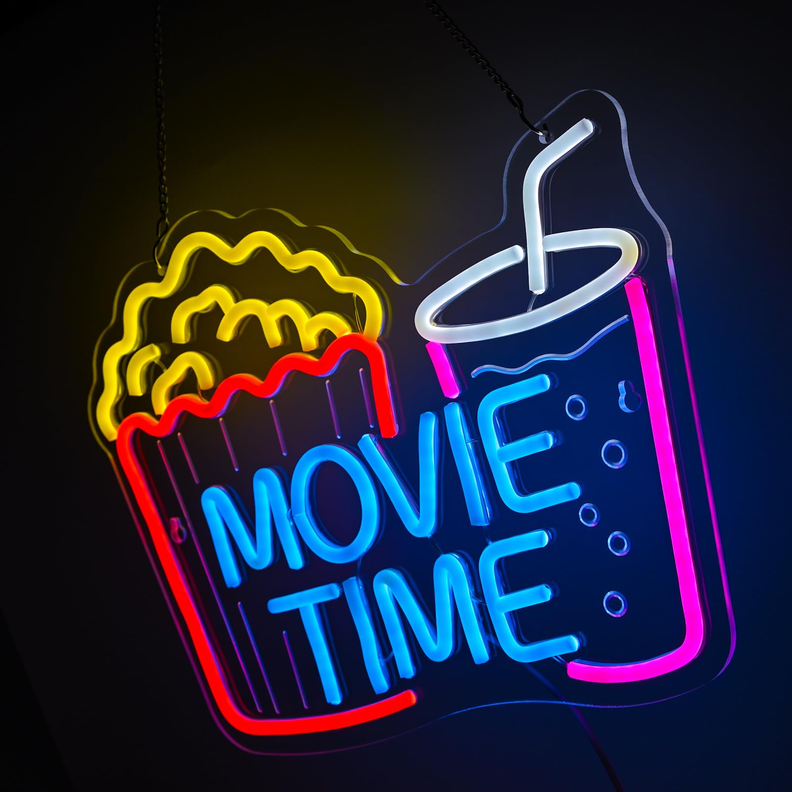 Movie Time - Insegna al neon con popcorn e bevande, luce LED dimmerabile per Home Theater e cinema, decorazione per la camera da letto, regalo per gli amanti del cinema (38 x 30 cm)