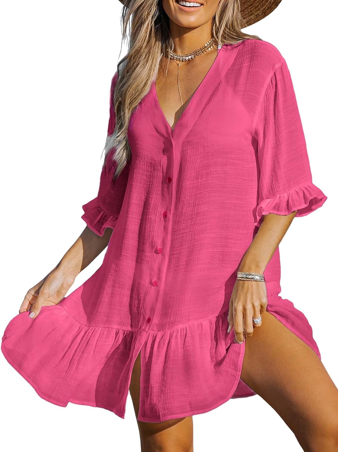 CUPSHE Women's V Neck Ruffled Cover Up Button Down Bathing Suit Beach Dress with Short Sleeves