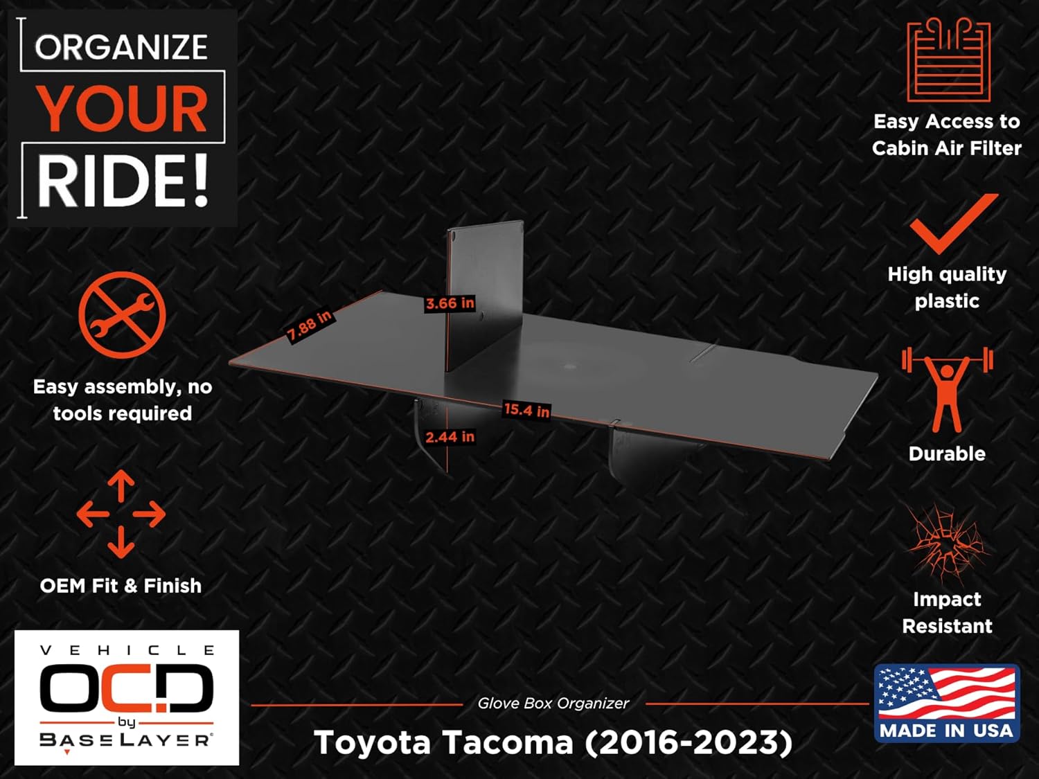 Vehicle OCD - Center Console Divider, Tray, and Glove Box Organizer for Toyota Tacoma (2016-2023) - Made in USA - SLX501