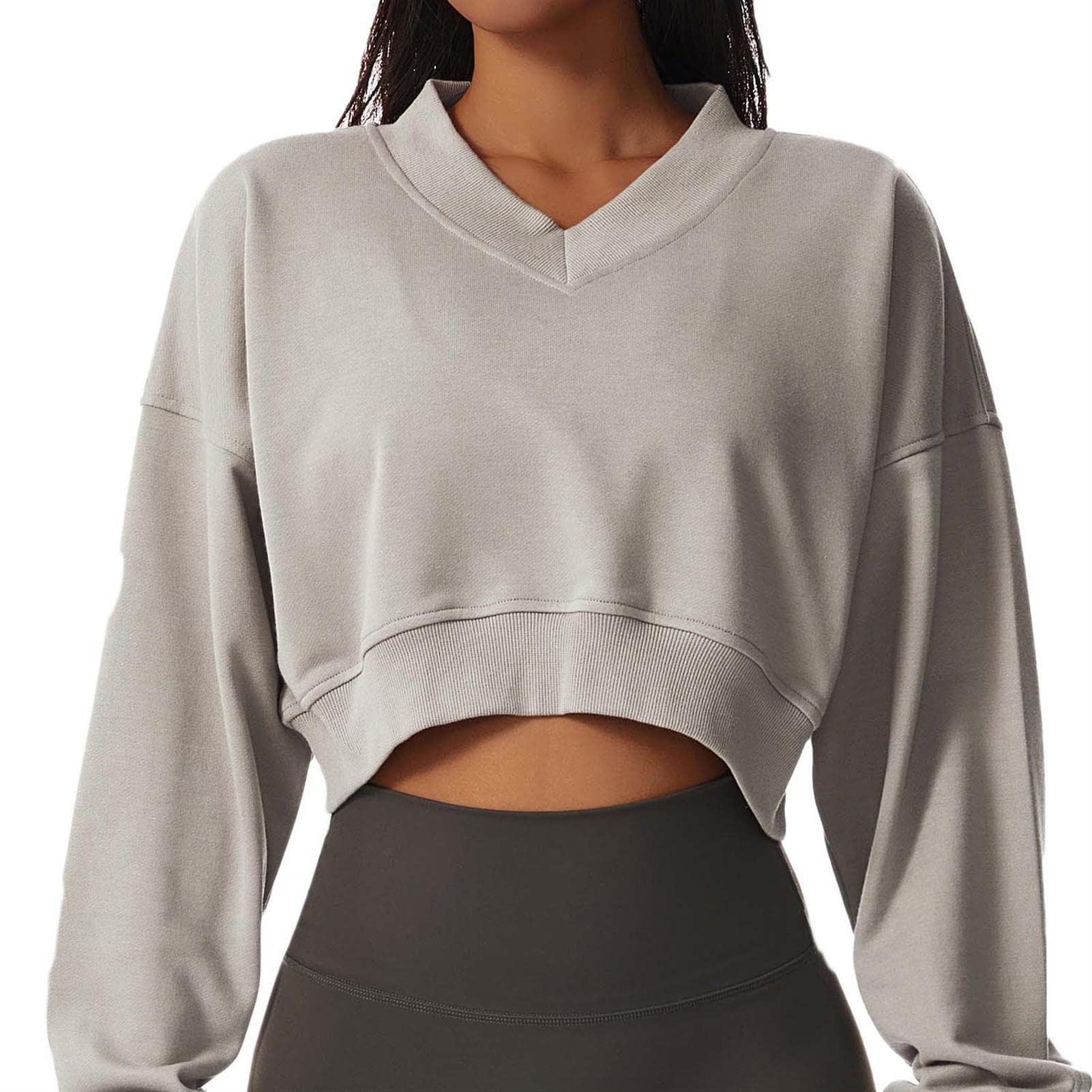 Damska luźna bluza sportowa z długim rękawem dekolt w serek sweter na co dzień topy crop trening gorset kurtka outdoorowa odzież fitness, szara, 14/XL