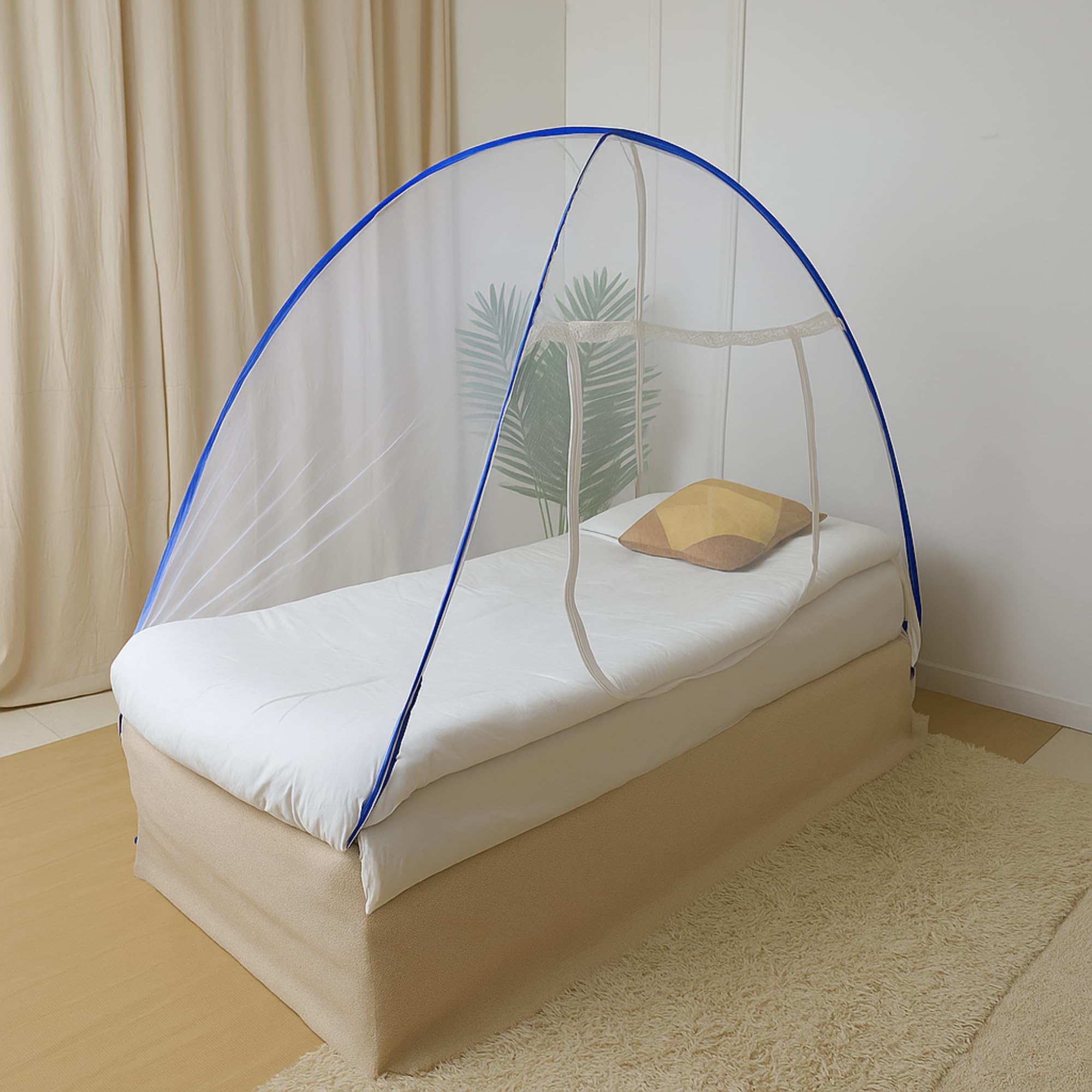 Evafly Mosquito Net for Single Bed Foldable Machardani Polyester Strong Net Flexible Fiberglass Rod Oval Shape - Blue