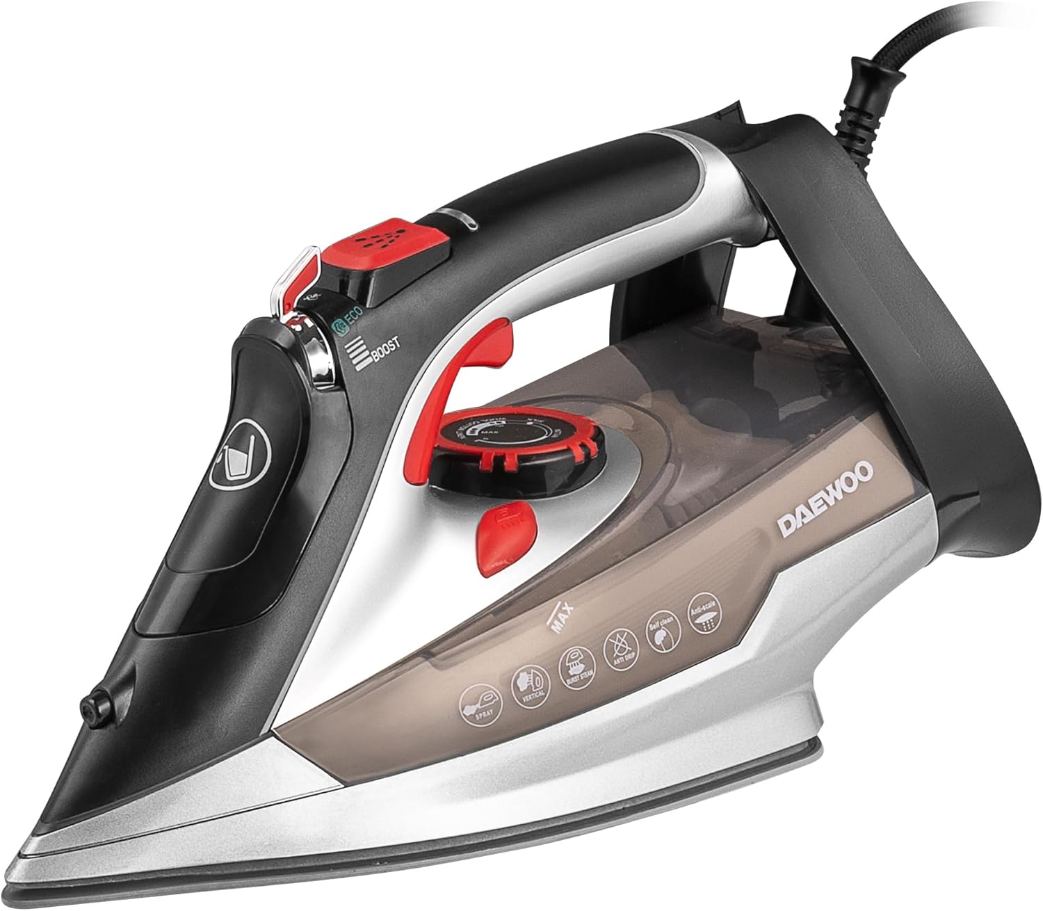 Daewoo Glide Iron, The Power Glide, 3000W Steam Iron With Ceramic Soleplate, High Burst Steam And Precision Tip, Adjustable Temperature Dial And Self Clean Function With Anti Calcium Function, Black