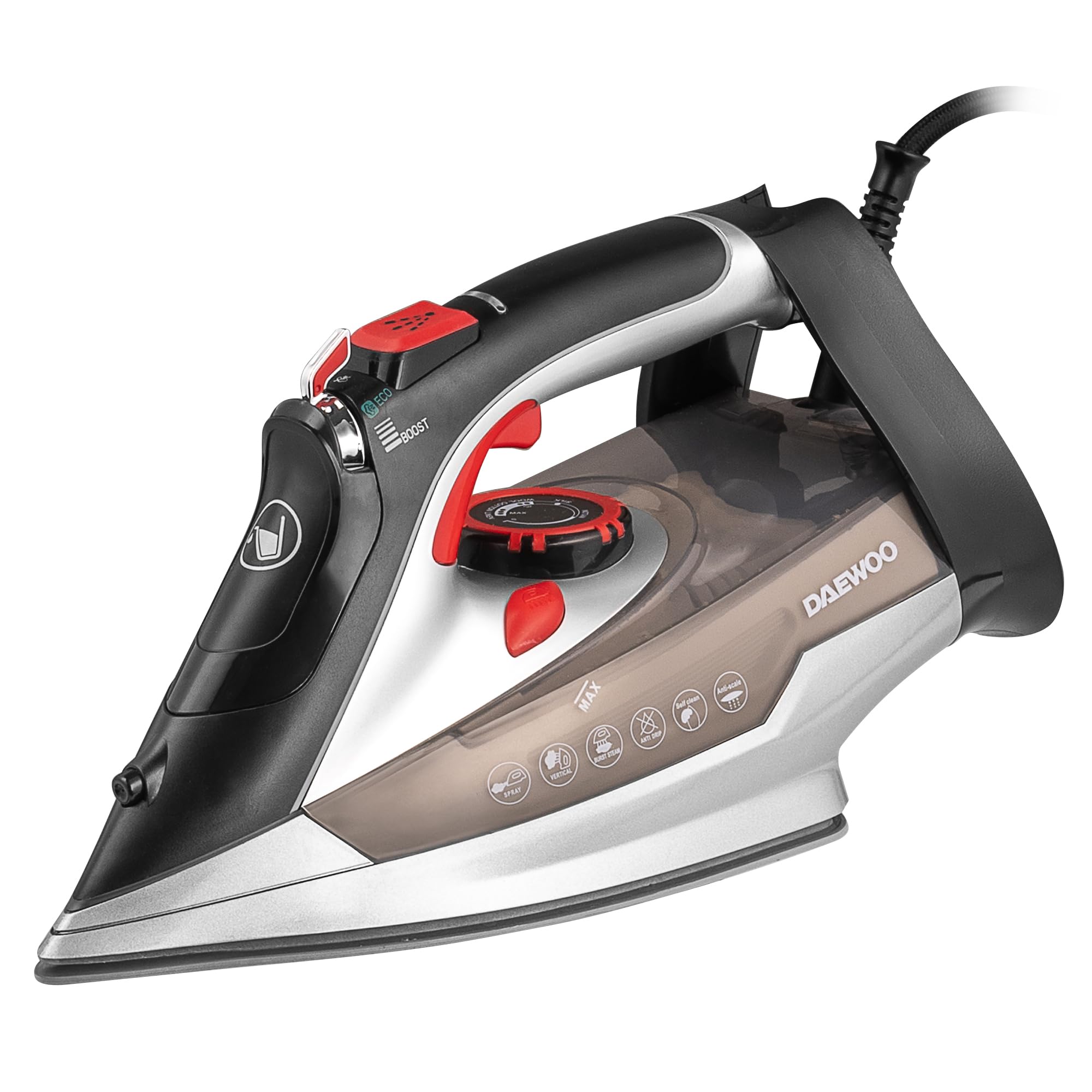Daewoo Glide Iron, The Power Glide, 3000W Steam Iron With Ceramic Soleplate, High Burst Steam And Precision Tip, Adjustable Temperature Dial And Self Clean Function With Anti Calcium Function, Black