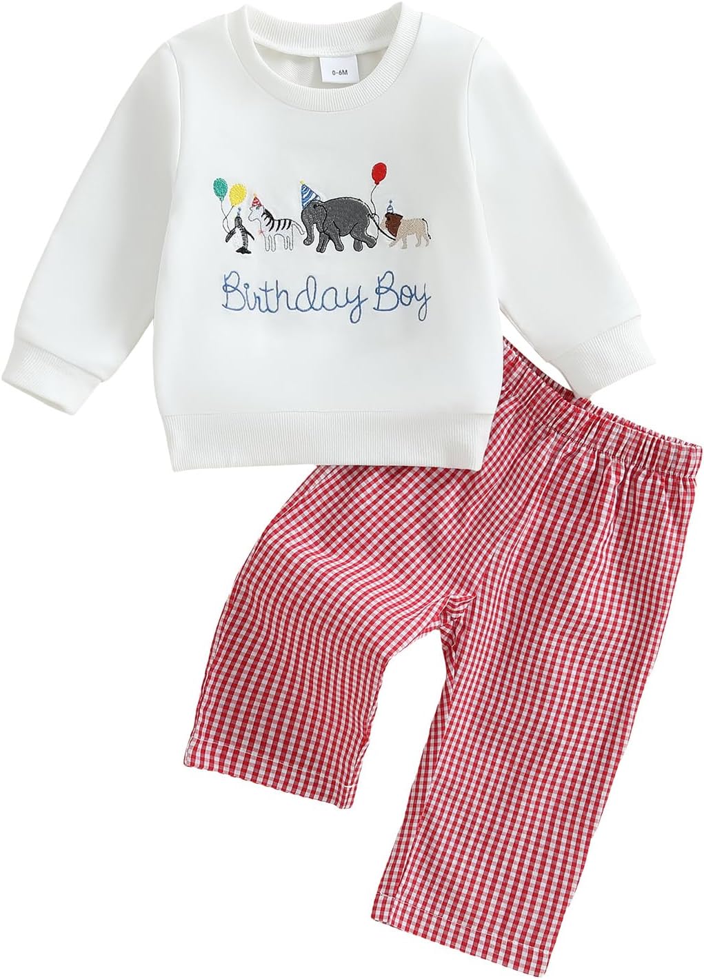 Toddler Baby Boy Birthday Outfit Zoo Animal Birthday Boy Embroidery Crewneck Sweatshirt and Gingham Plaid Pants Set