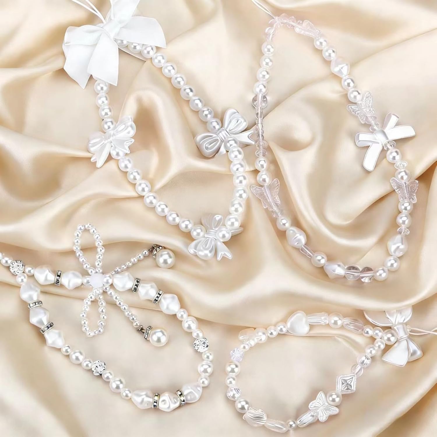 Condition photo showing Brand New for phone charm wrist strap 4pack - y2k aesthetic butterfly bow pearl beaded lanyard for iphone case accessories