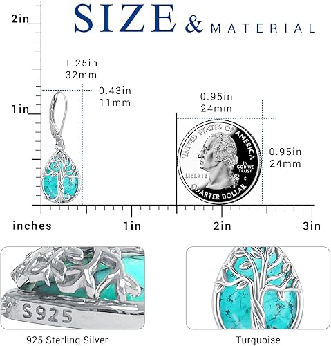 Miniatura 2 de Eusense Aretes colgantes de piedra lunar turquesa con piedra natal para mujer, plata de ley con forma de pera, árbol de la vida, animales, joyería