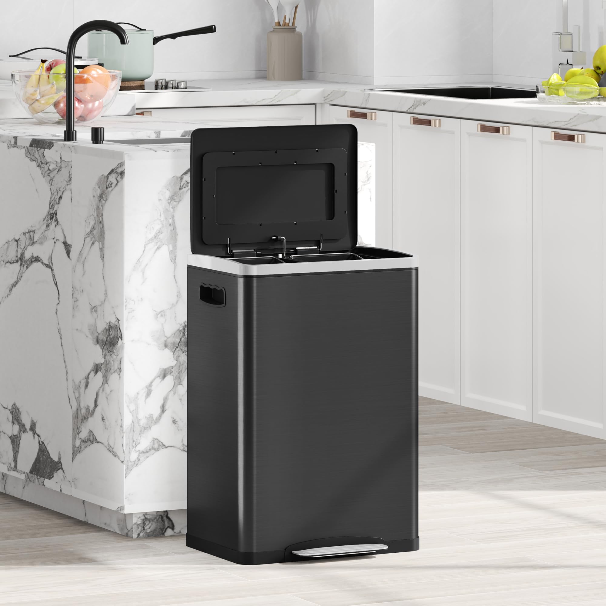 HOMCOM Poubelle de Cuisine à Pédale Double Compartiment 2 x 20L Noir | 2 Seaux Intérieurs Amovibles, Couvercle à Fermeture en Douceur et Poignées Intégrées, Anti-traces, Acier Inoxydable