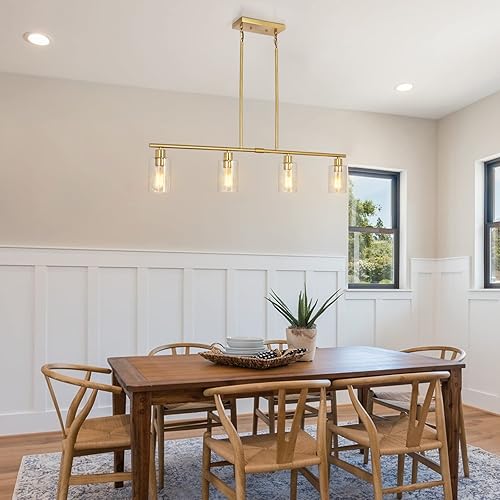 Miniatura 7 de Candelabro Moderno Dorado para Isla de Cocina de 4 Luces Latón Cepillado Lámpara Colgante Estilo Granja Industrial Accesorio de Iluminación para