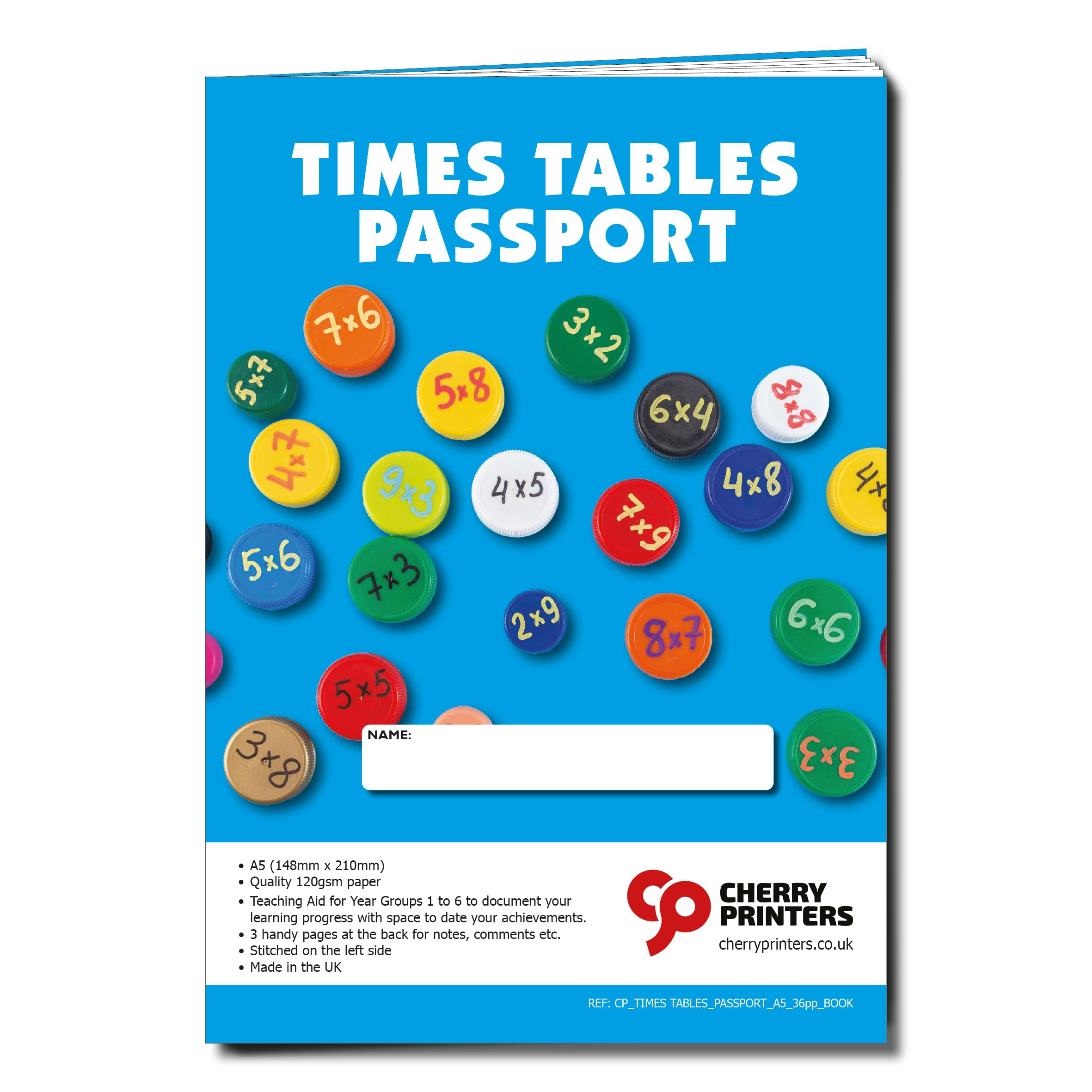 Cherry Printers | Times Tables Workbook A5 | KS1 KS2 Maths Practice Book | Multiplication Tables Learning Passport | 36pp Study Guide with Fractions | Prime Numbers | Measure Conversions **50 Pack**