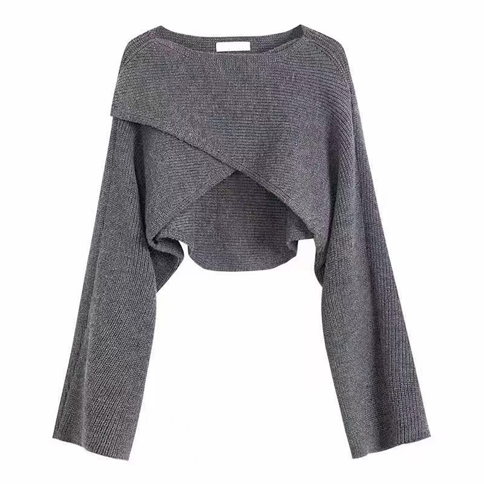 Women's Boat Neck Sweater Long Sleeve Cross Wrap Asymmetrical Hem Knit Blouses Loose Cropped Pullover Jumper Tops