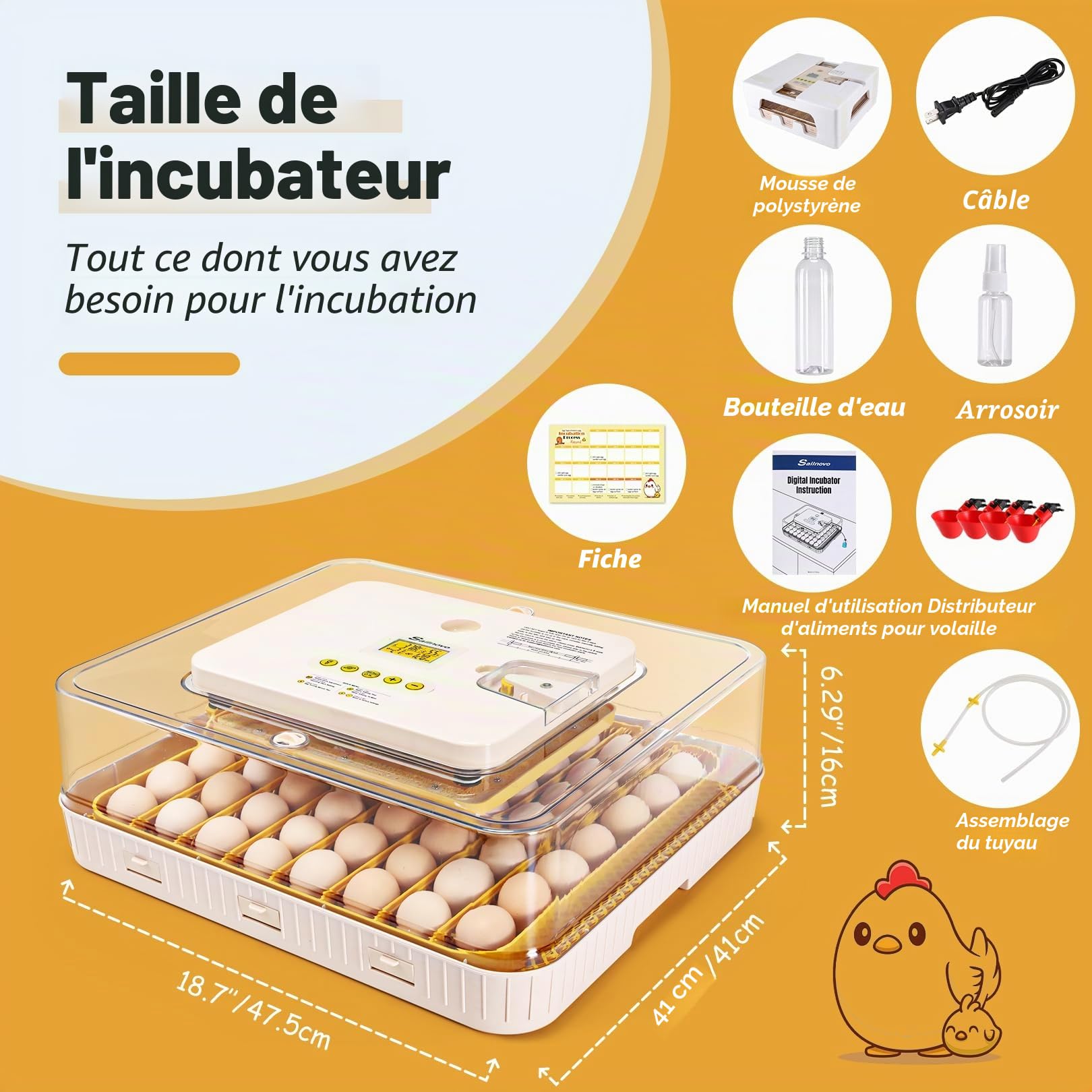 Sailnovo Couveuse Automatique pour 56 Œufs, Couveuse Oeuf Poule avec Retournement Automatique des Œufs, Contrôle de Température et Ajout Automatique d'Humidité, Jaune
