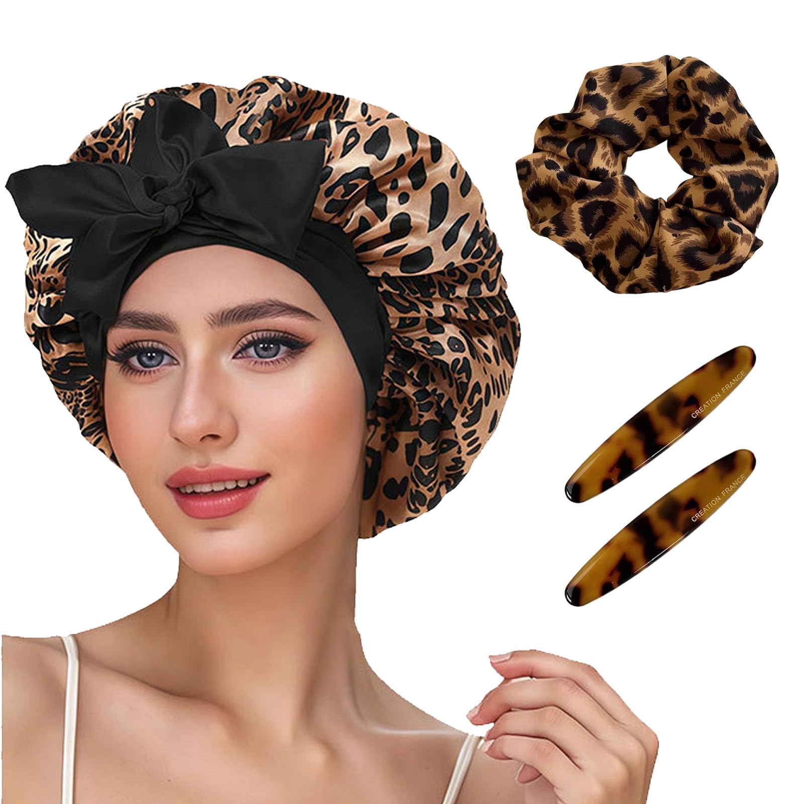Cuffia Seta Capelli Notte, Leopardata Bonnet Seta per Capelli Ricci Lunghi e Corti, Elastico Cuffia Capelli Ricci Notte, Leopardato Bonnet Satinato con Scrunchies Hair Clip per Donna Ragazza
