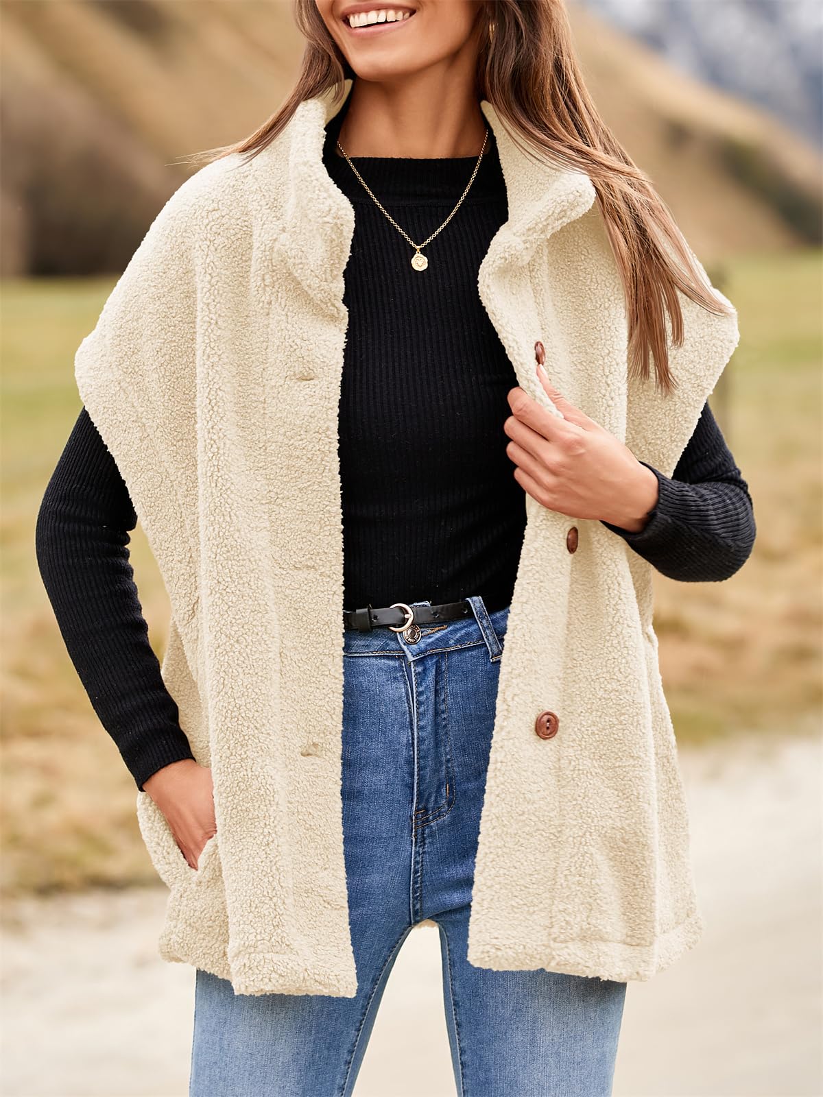 Tanakneo - Gilet oversize da donna, in pile, senza maniche, peloso, alla moda, casual, con bottoni