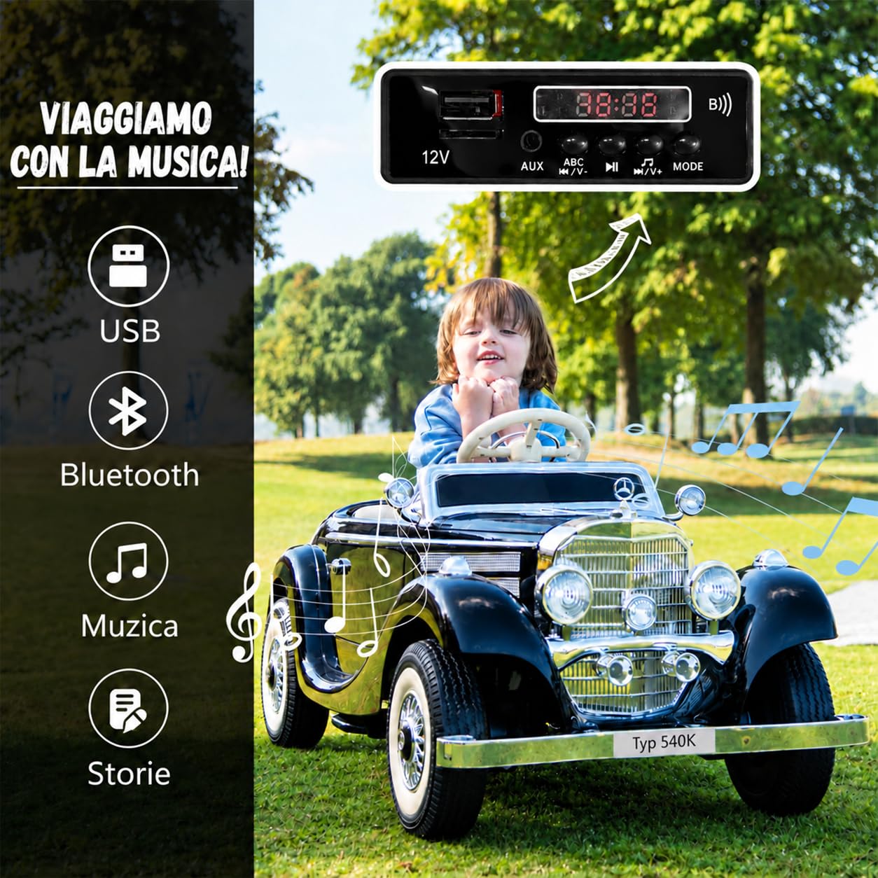 Auto elettrica per bambini, 12 V, con telecomando, luce LED e musica, colore nero