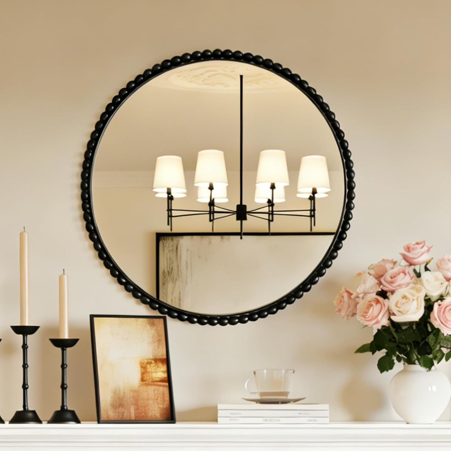 PERHOM Black Round Beaded Mirror Decor - Circle Mirror 31 inch Large with Metal Frame, Decorative Vintage Wall Art Decor Mounted Hanging for Entryway, Fireplace, Living Room, Hallway, Bathroom