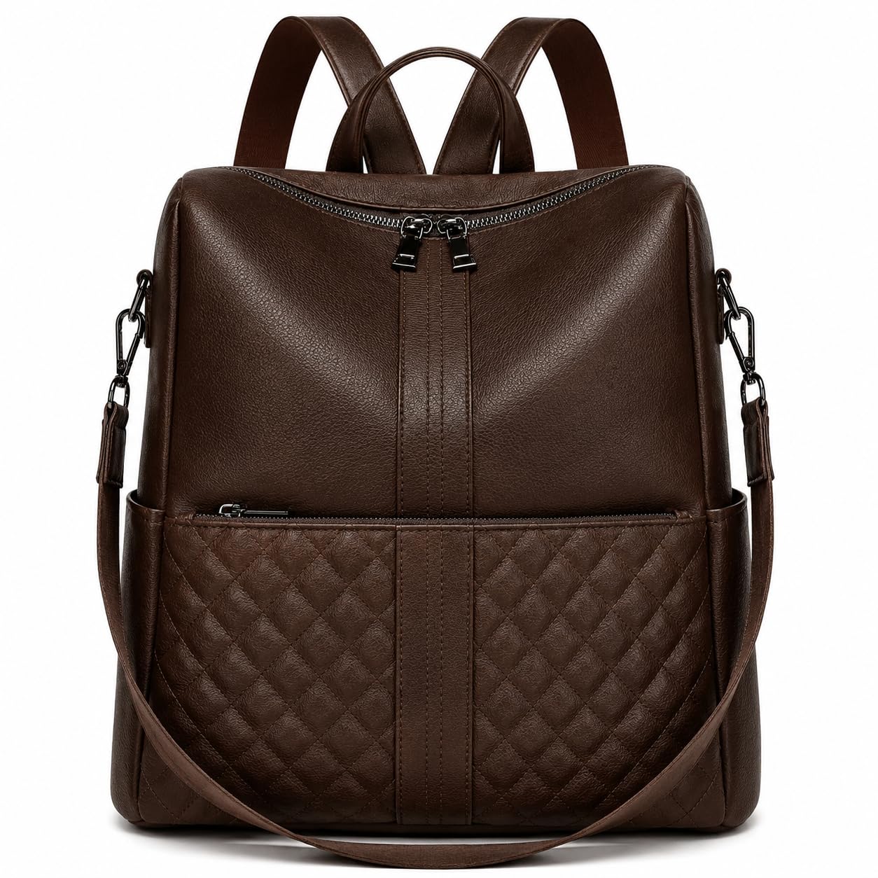 Women's Quilted Leather Backpack, Burgundy Wine Color, Convertible Shoulder Bag, Dual Zipper Design, Vegan PU Material-image-40