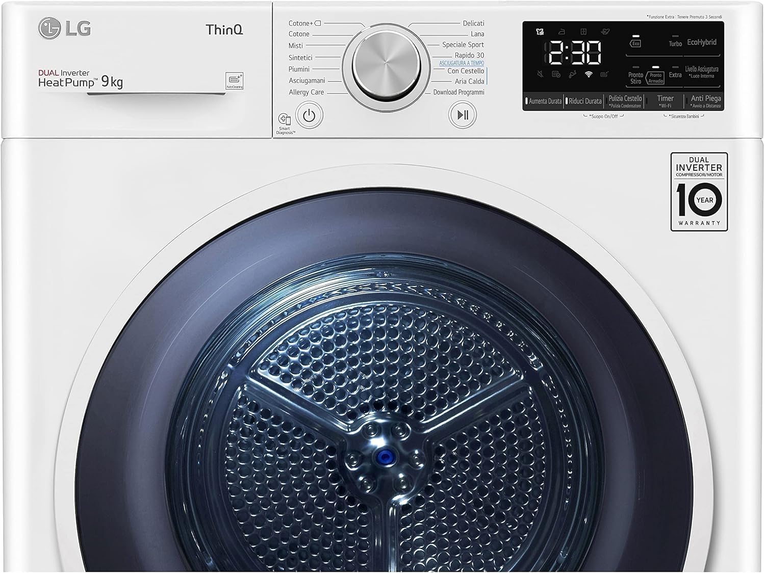 LG RH90V9AVHN Asciugatrice Smart a Carica Frontale 9 Kg, Classe C, Condensazione con Pompa di Calore, Wi-Fi con SmartThinQ, Eco Hybrid, Allergy Care, 60 x 69 x 85 cm - Bianco